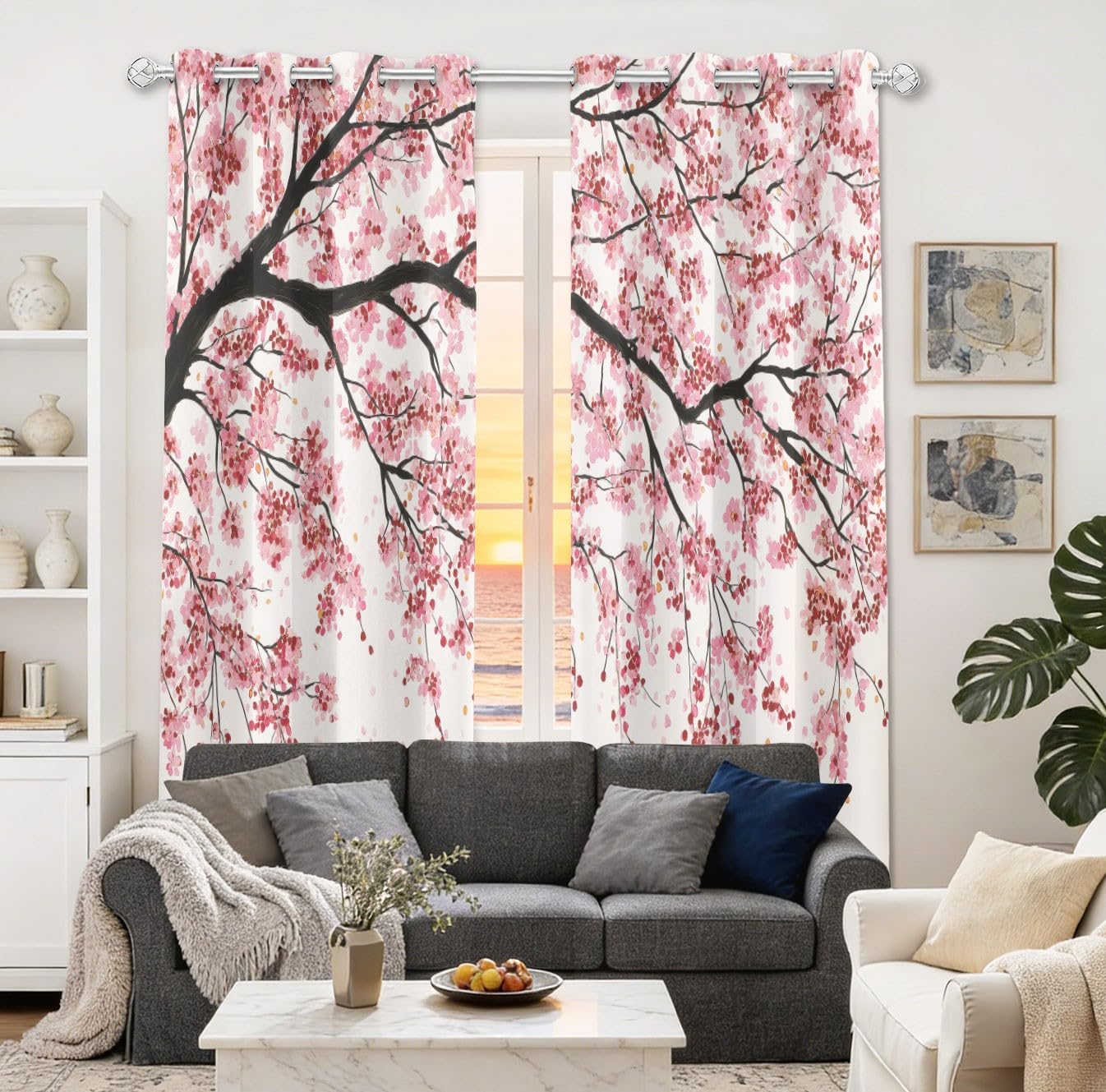 Generisch Vorhänge Ösen H200 x B70 cm 2 Stück, Rosa Natur Verdunkelungs Schalldicht Gardinen, Aquarell Blumen Kirschblütenbaum Langlebig Farbecht Wärmeisoliert Vorhang für Schlafzimmer Wohnzimmer
