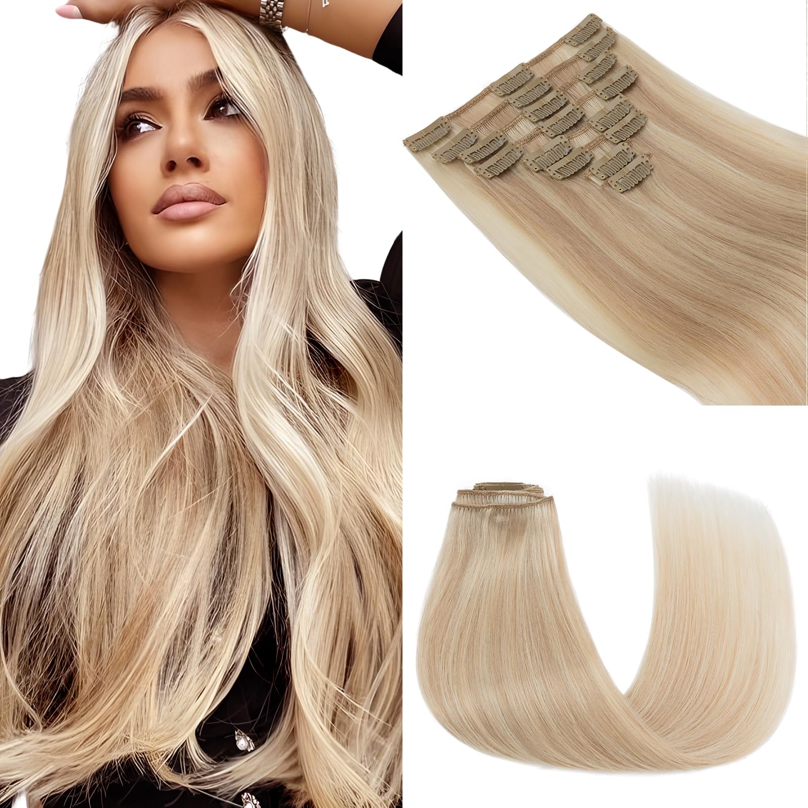 Elailite Hair Extensions Clip in Real Hair Remy Human Hair Balayage, 8 Pcs Invisible Thin Weft
