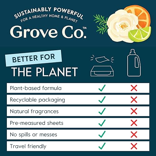 Miniatura 6 de Grove Co. Hojas de detergente para ropa, hojas de lavado de disolución Power Clean (paquete de 2  64 cargas), removedor de manchas resistente, 100%