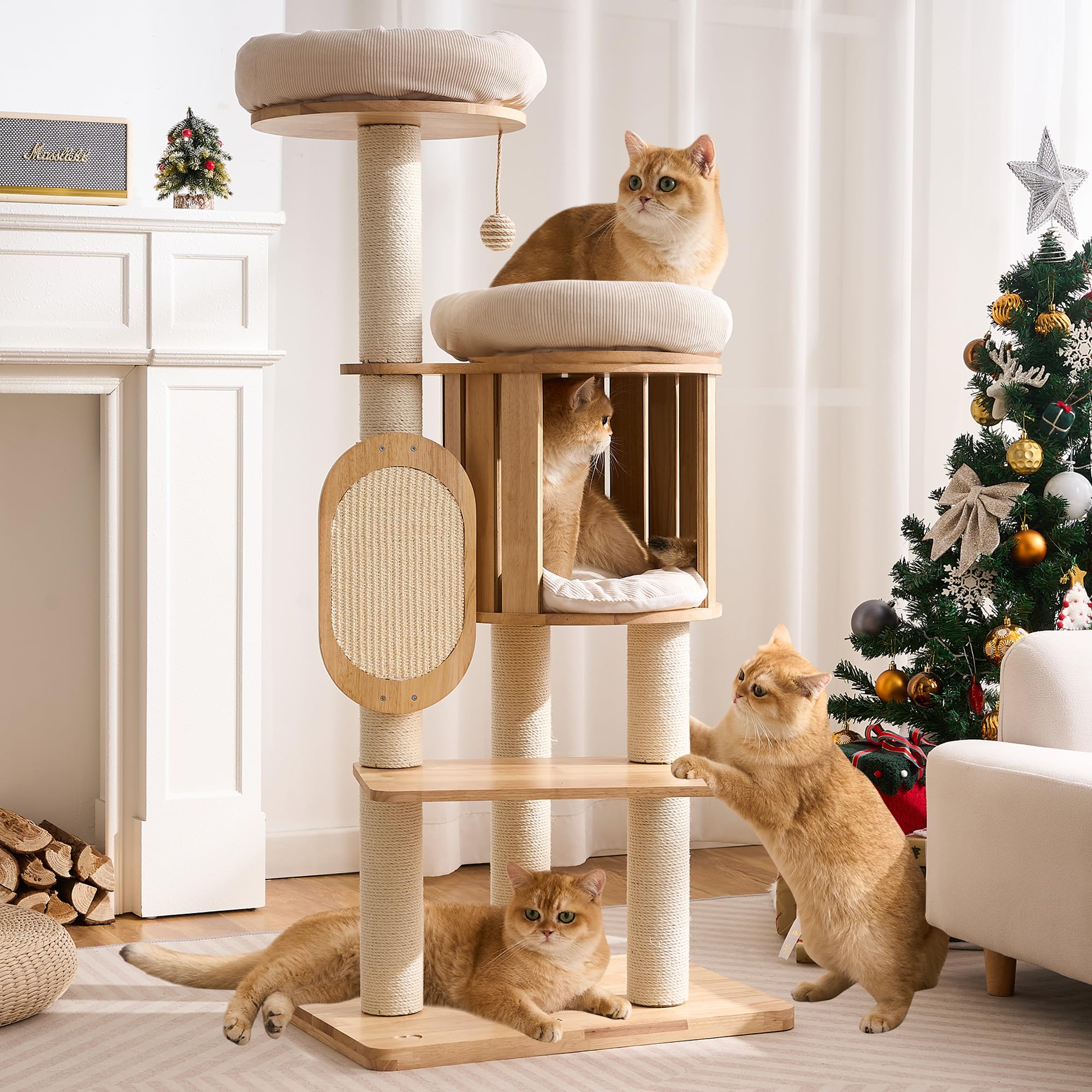 Modern Solid Wood Cat Tree for Indoor Cats Large Adult, 50in Tall Cat Tower with Sisal Scratching Posts, Cat Scratcher Cardboard, Cozy Cat Beds Cave Condo, Multi-Level Cat Furniture
