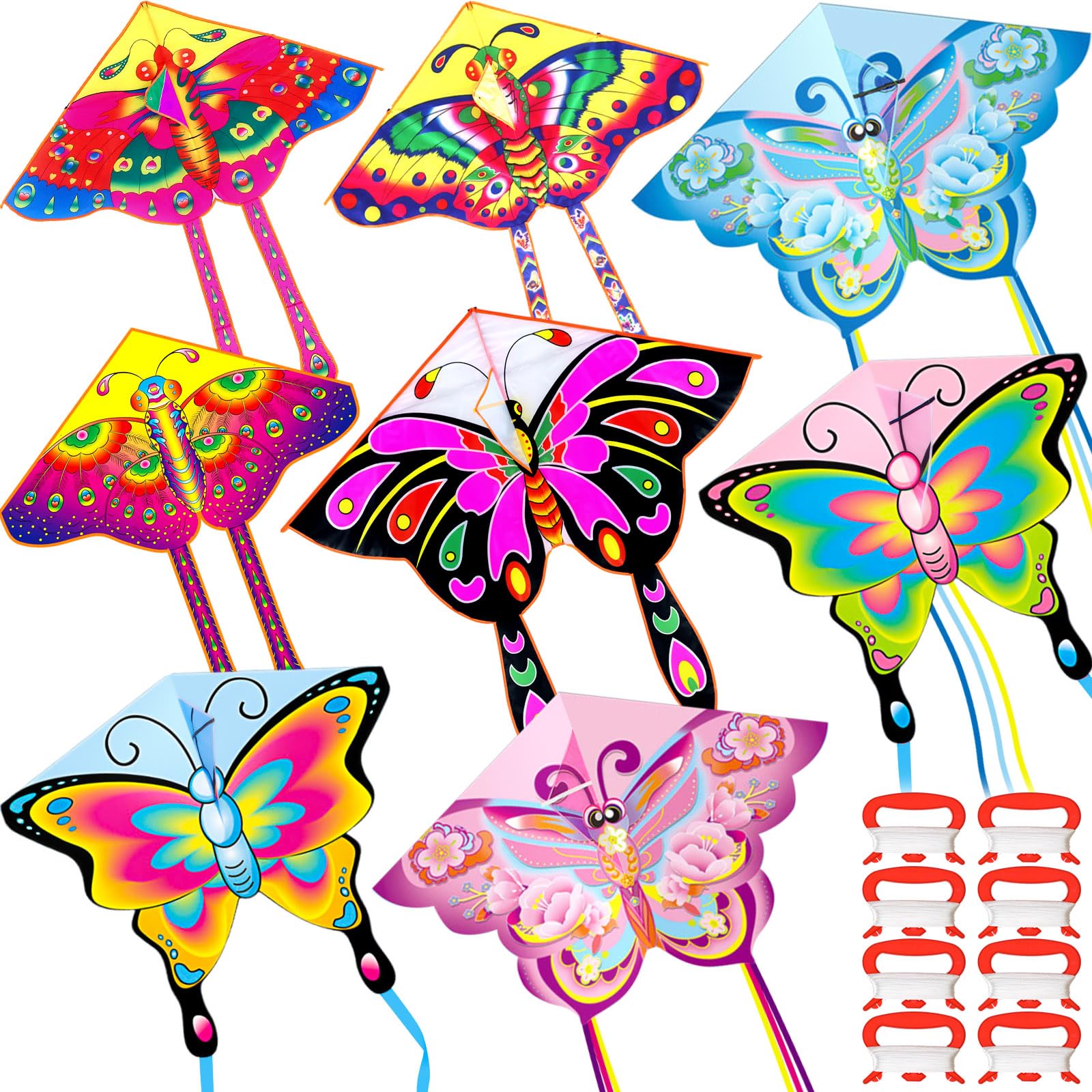 Foilswirl 8 Pack Butterfly Kites for Kids Easy to Fly Colorful Beach Kites for Children Adults with 8 Pcs 109 Yard String Spool Nylon for Spring Outdoor Game Activities