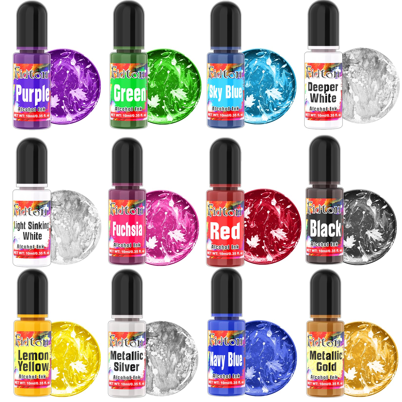 Alcohol Ink - Fidton 12 Colori ad Alcool Brillanti e Vivaci per Resina, Inchiostri ad Alcool per Oggetti d'Arte, Pittura, Creazione di Gioielli in Resina, Artigianato Fai Da Te - 10 ml