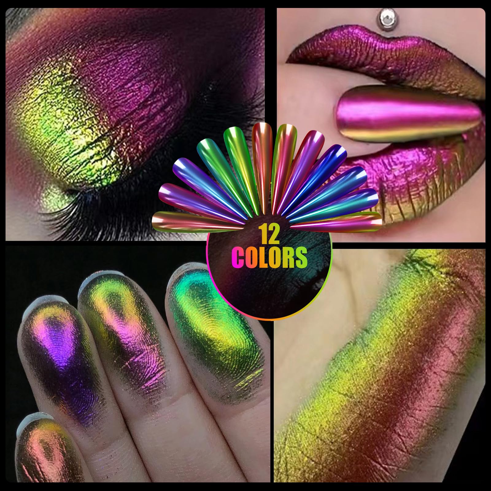 RoseFlower Poudre Chrome Ongle, 12 Couleurs Effet Miroir Holographique Aurora Chameleon Poudre à Paillettes Métalliques pour Ongles, Paillettes pour Nail Art à la Maison, Manucure DIY