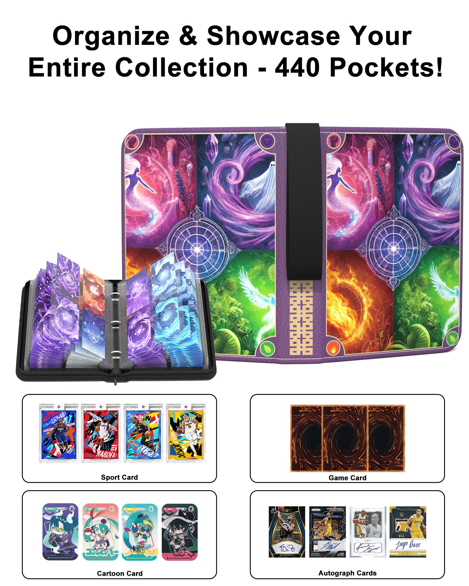 Trading Card Binder 4-Pockets, Card Holder 55 Pages,440 Card Capacity Collection for MTG TCG,Game Cards,Sports Cards Xmas Gift - Image 2