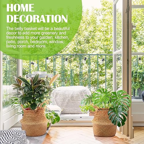 Miniatura 5 de Qunclay 4 cestas tejidas de hierba marina, cesta para el vientre, maceta bohemia natural con asas, maceta redonda decorativa de mimbre grande para