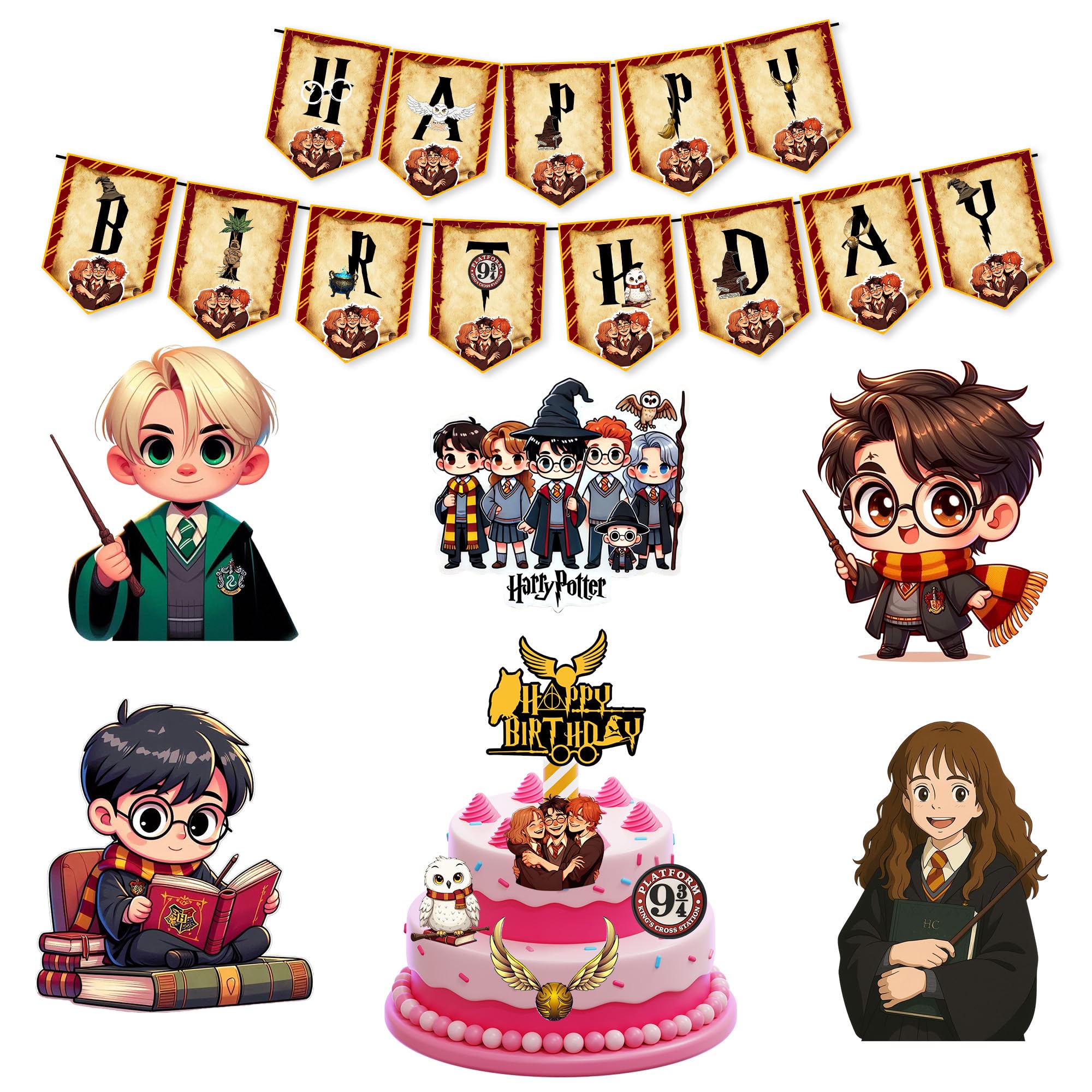 Partyjoy Wizard Magic Theme Birthday Decoration Kit for Kids | Harry Potter Happy Birthday Banner Magic School Theme Party Supplies | Cake Topper & Cupcake Toppers | (Without balloons)-picture-11