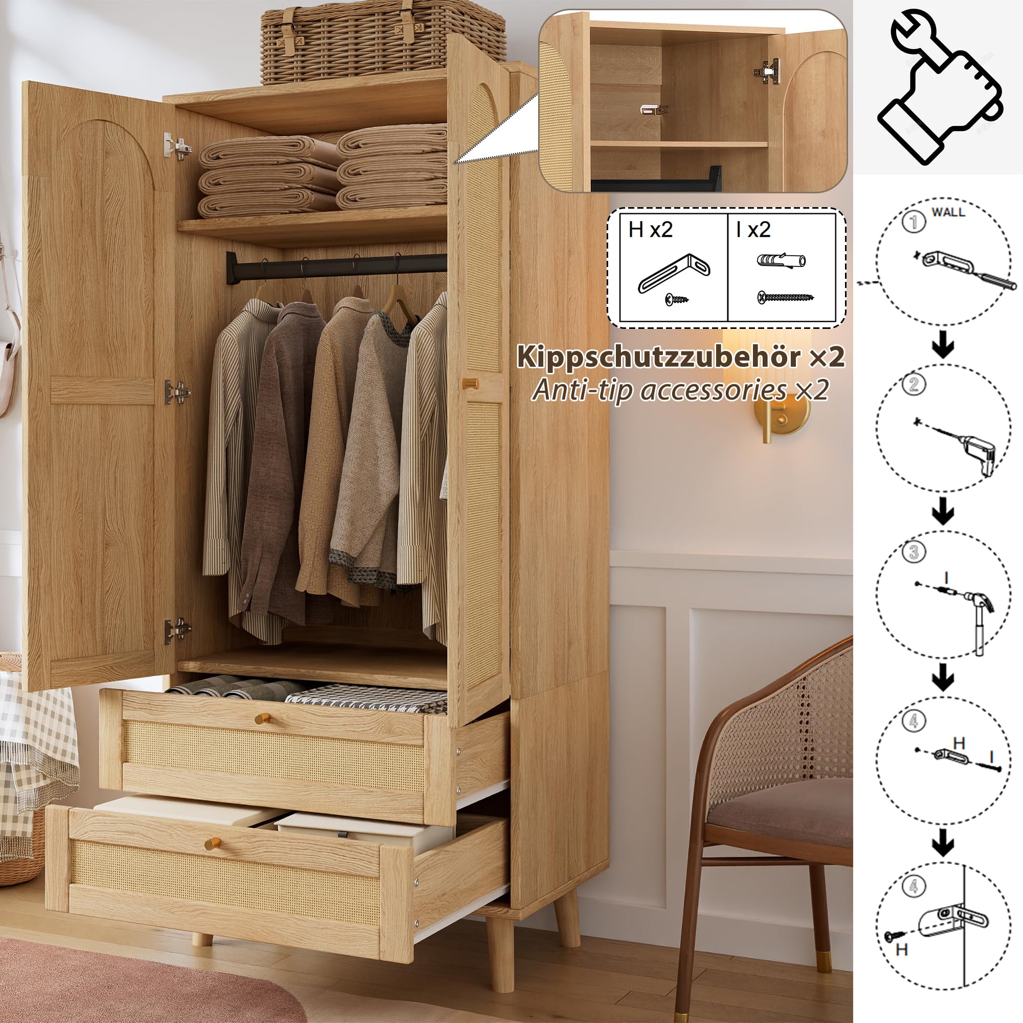 Armadio in legno naturale, armadio multiuso con design in rattan, asta appendiabiti, scaffali, armadio moderno per camera da letto, corridoio e spogliatoio, naturale