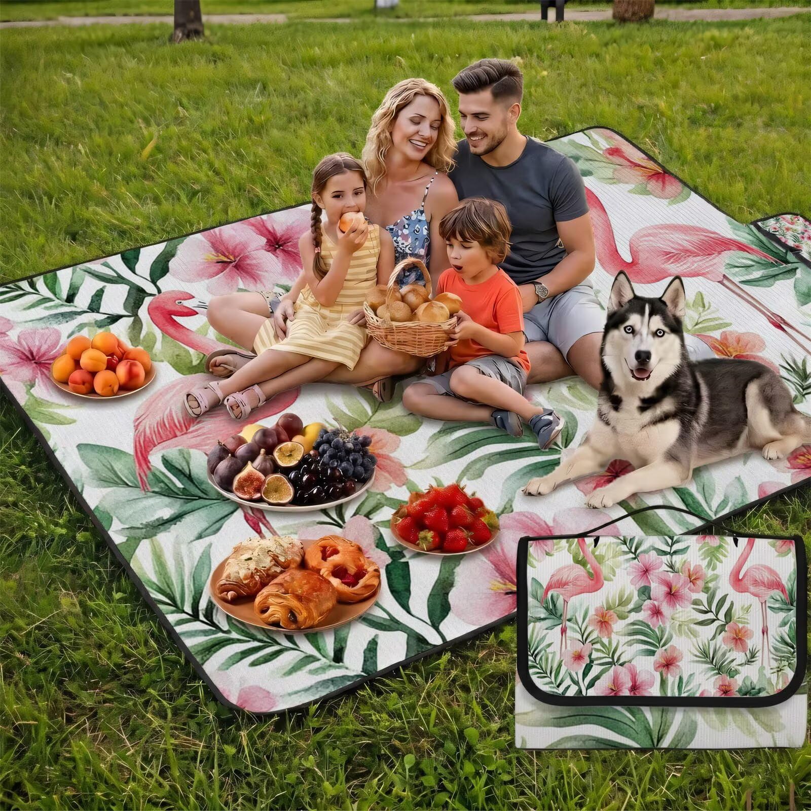 Couverture Pique Nique Grande 200x300cm,Outdoor Couverture Imperméable,Pliable Tapis de Plage Dos en PVC,Picnic Blanket pour Camping Accessoires,Jardin,Parc,Famille - Flamants roses,plantes (2) FZ-124
