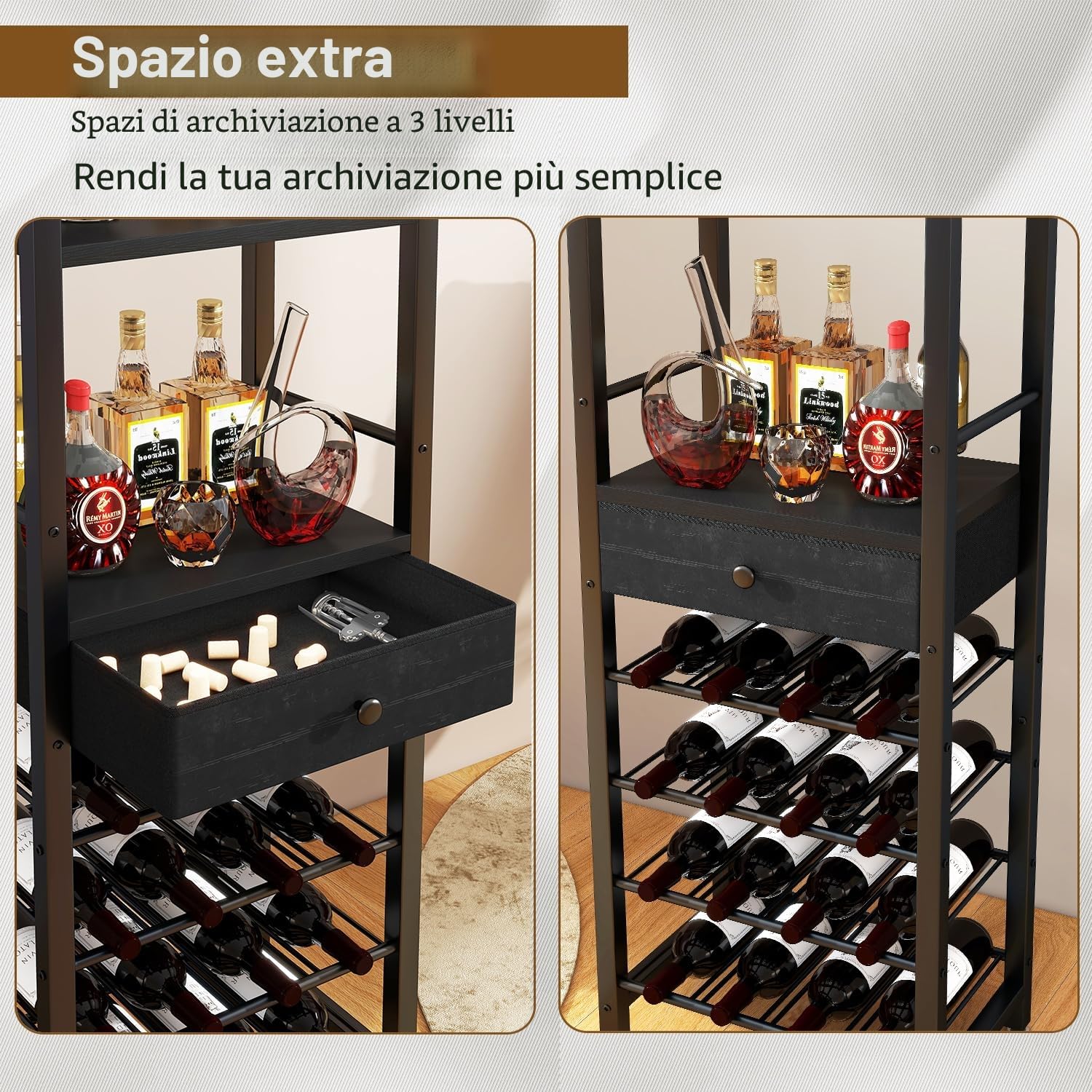 IBUYKE Portabottiglie autoportante da pavimento, armadietto da bar, mobile da bar a 4 ripiani, in legno, con porta bicchieri e cassetto portaoggetti per casa, bar, cucina, soggiorno, nero, TMJ905B