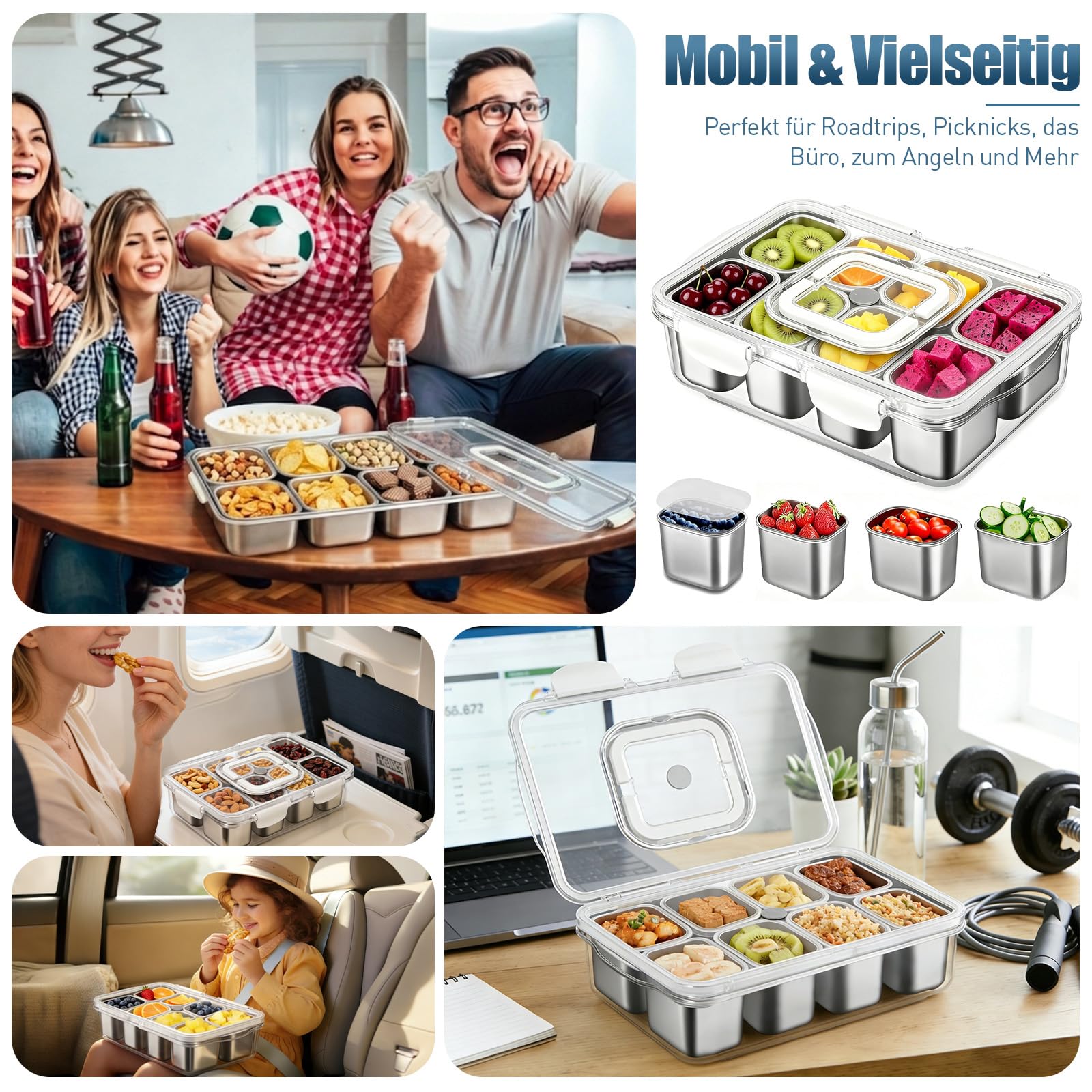 Snackbox mit 8 Edelstahl Fächern, Tragbare Snack Aufbewahrungsbox mit Deckel und Griff, auslaufsicherer Snack Organizer für Obst, Nüsse, Gemüse, Kekse – BPA-frei, ideal für Picknick & unterwegs