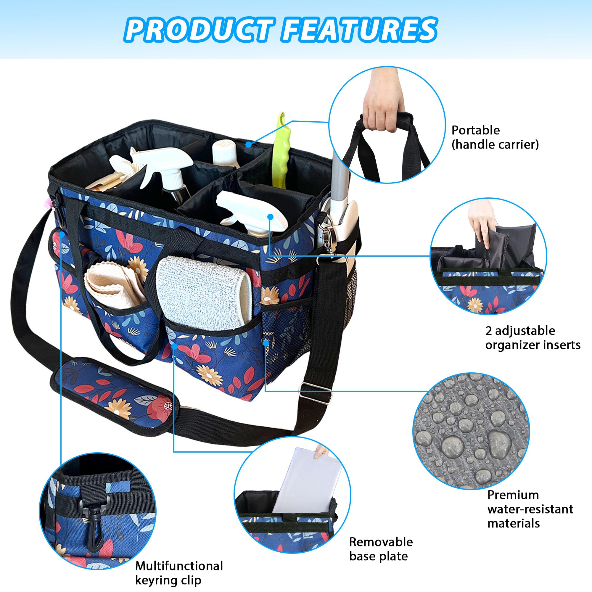Borsa portaoggetti per la pulizia, organizer per la pulizia con manico, grande borsa per la pulizia di casa, auto e bagno, borsa per le pulizie con spallacci regolabili (blu)