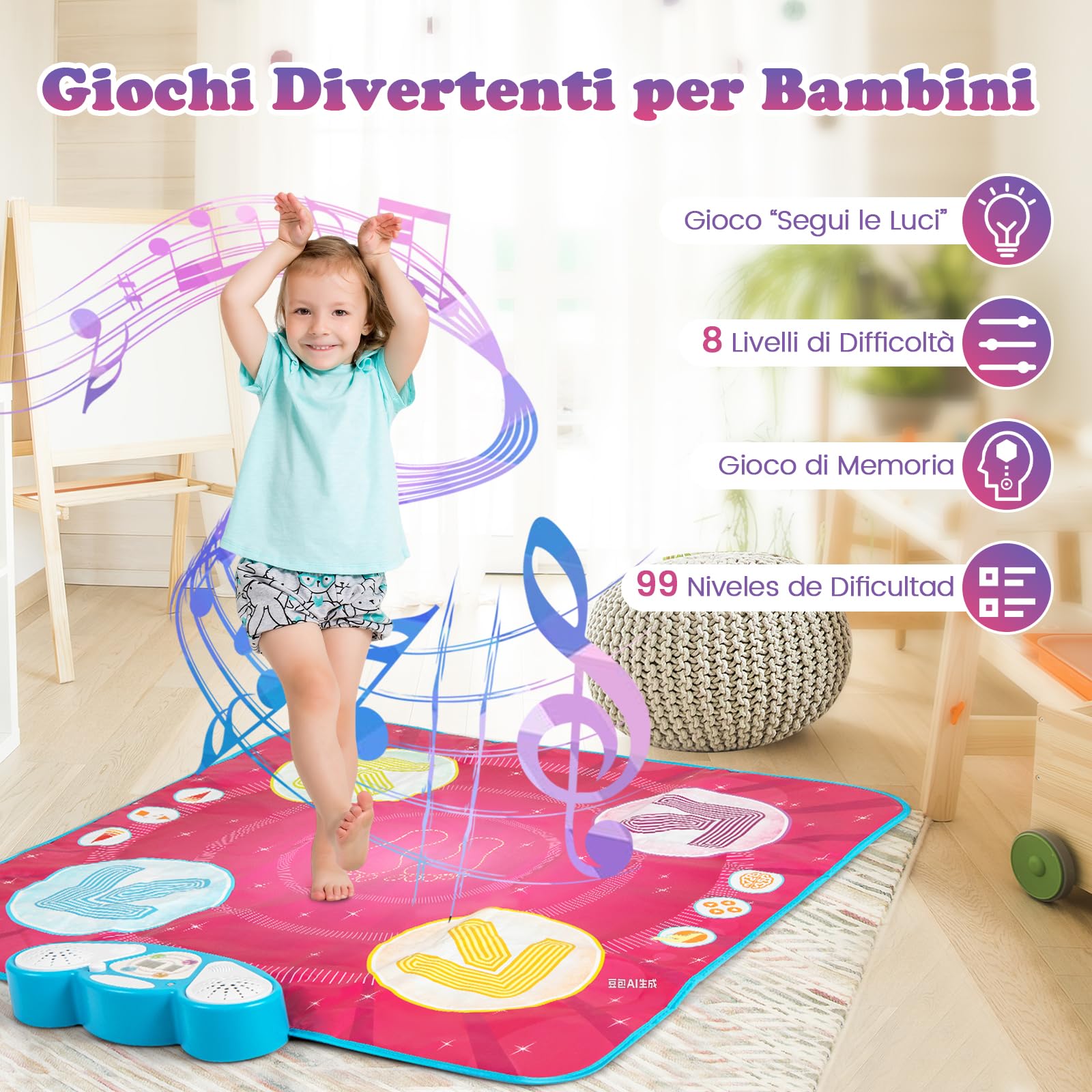 COSTWAY Tappeto da Ballo per Bambini, Tappeto Musicale Giocattolo con Luci | 8 Musiche di Sfondo, Schermo del Punteggio & Volume Regolabile, per Bambini 1+ Anno