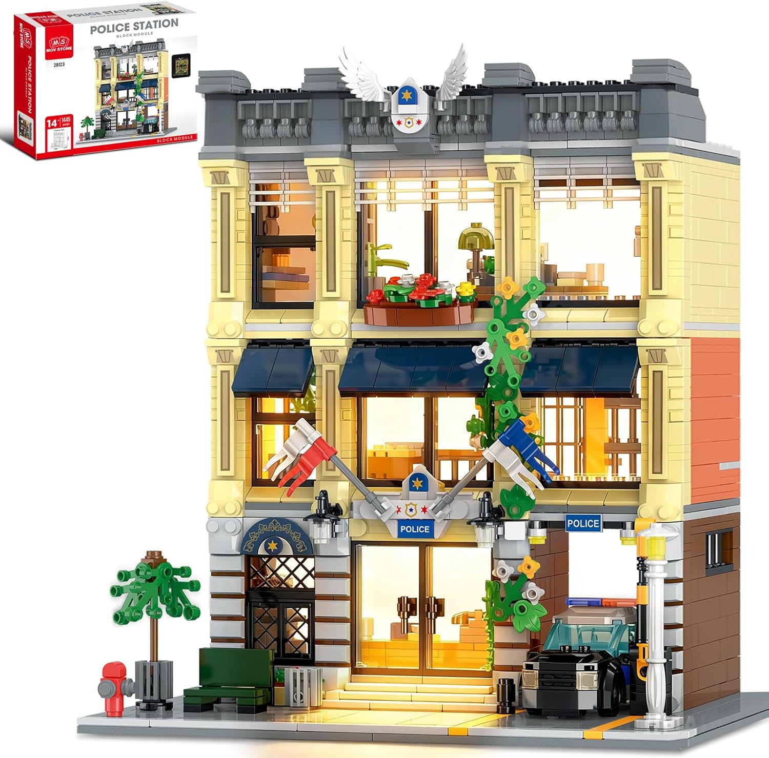 City Police Station Building Set, Compatible with Lego Retro Modular 3-Story Architecture with LED Lights, Realistic Street Scene Display for Adults & Teens (1445 Pieces)