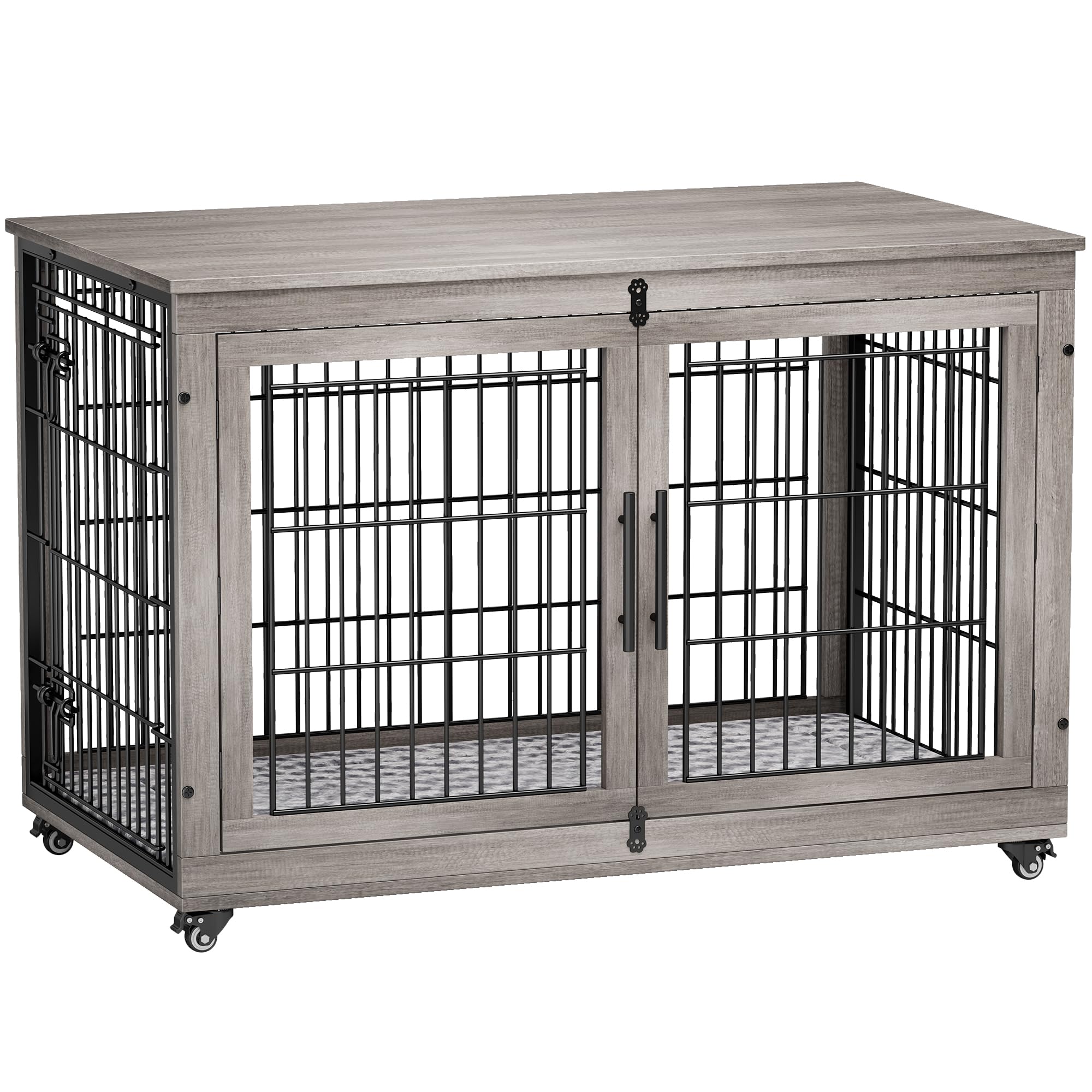 Lulive Dog Crate Furniture, XL Wooden Dog Kennel Indoor Double Doors Dog Cage, 44'' Heavy Duty Dog Crate with Cushion & Wheels, Decorative End Table