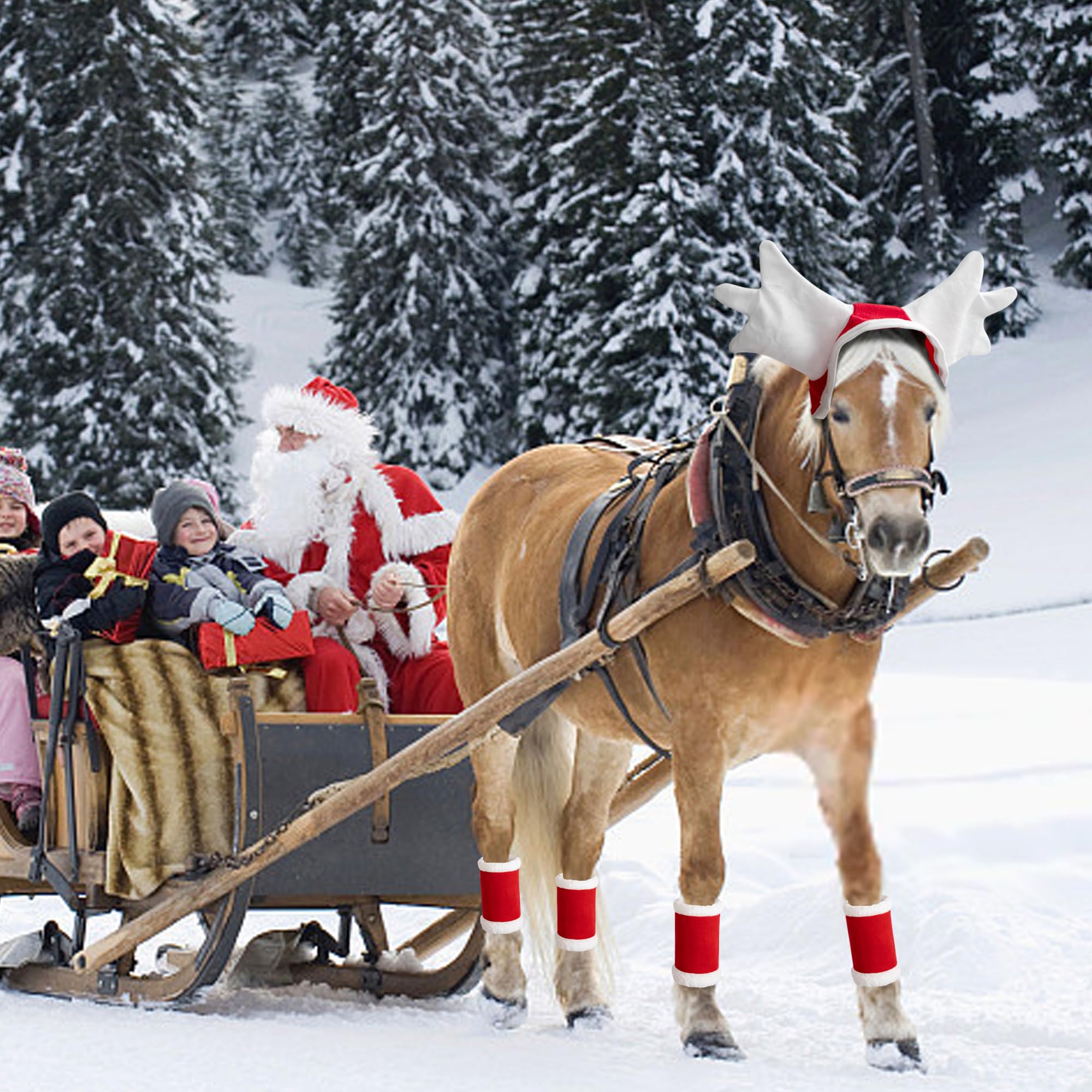 5 unidades/6 disfraces de Navidad de caballo, envoltura de terciopelo para piernas de caballo, sombrero de Snata, almohadilla de sillín para suministros de fiesta de vacaciones