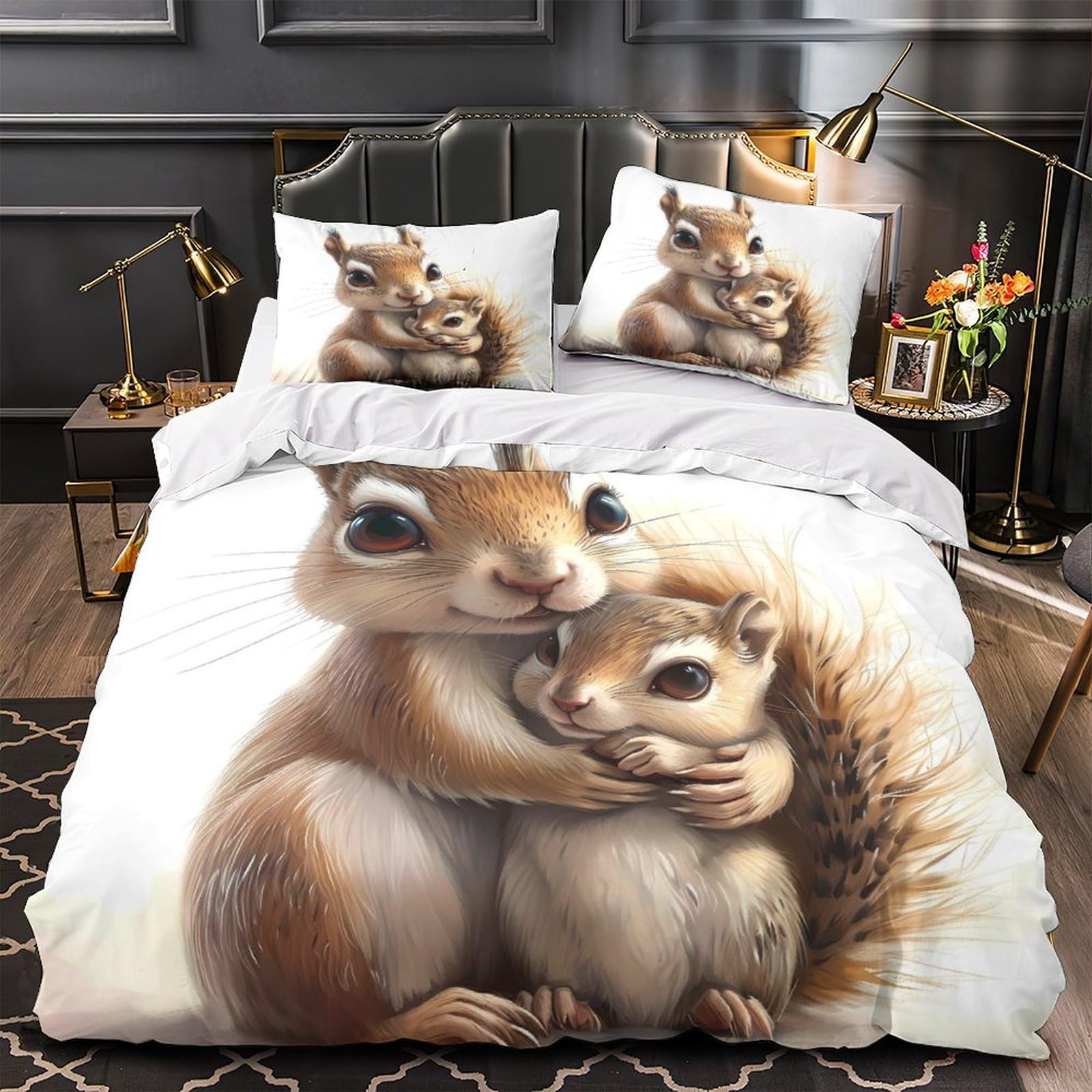 Abbraccio carino dello scoiattolo 3D Stampa Coperteletto 3pz Microfibra Lavabile Digitale Coperteletto 2 federe Zip nascosta Arredo Camera Coppie Super king（260x220cm）