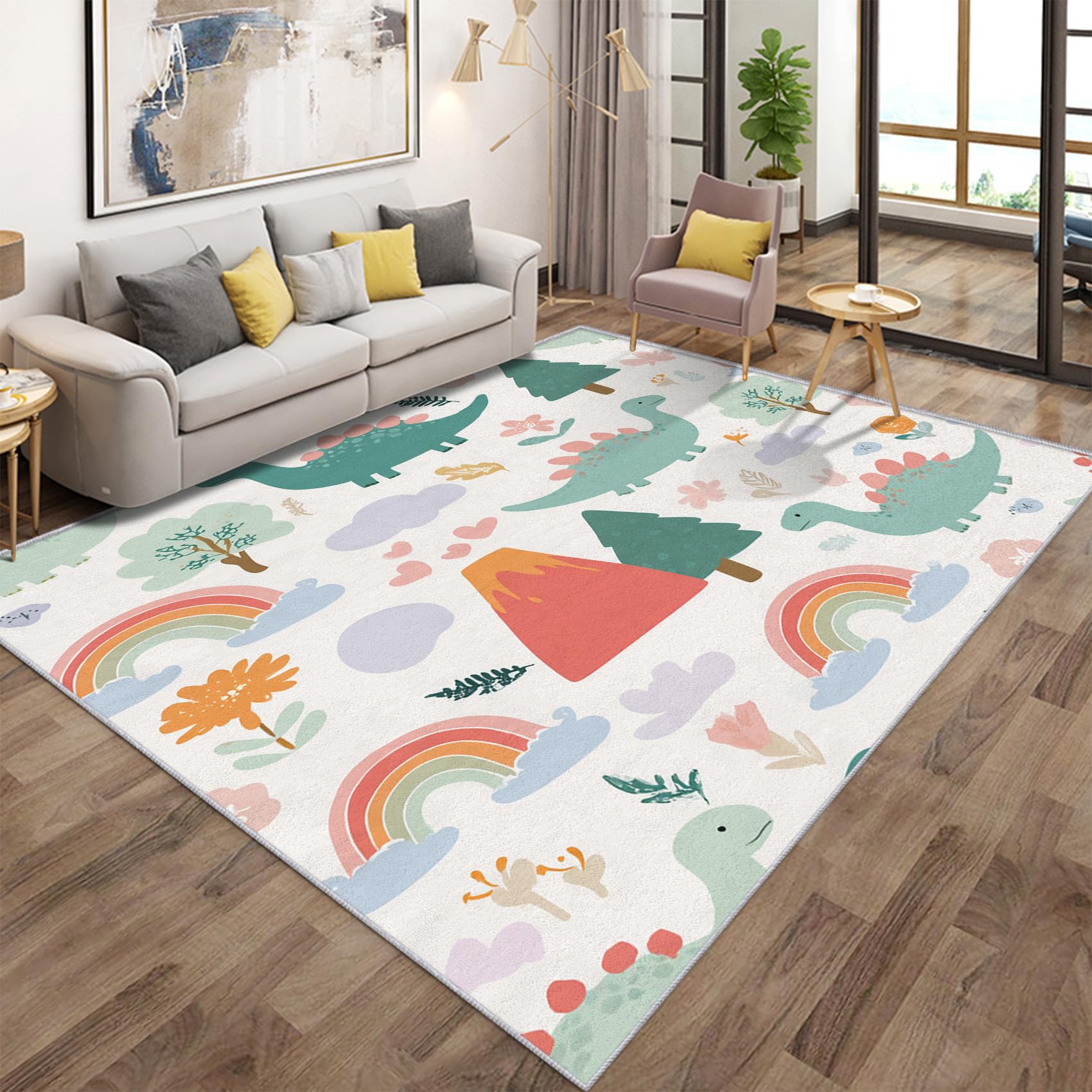 Tapis de salon dinosaure lavable en machine et antidérapant grand format 240x340