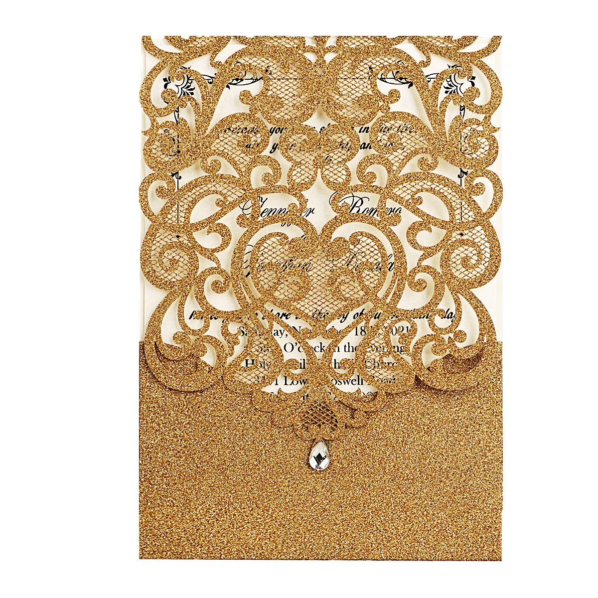 Hosmsua 50PCS Blank Wedding Invitation Cards 5 x 7.3 Inch Gold Laser Cut Hollow Heart Floral Invitation with Rhinestone pockets invitations for Engagement Quinceanera Invite (Gold Glitter)