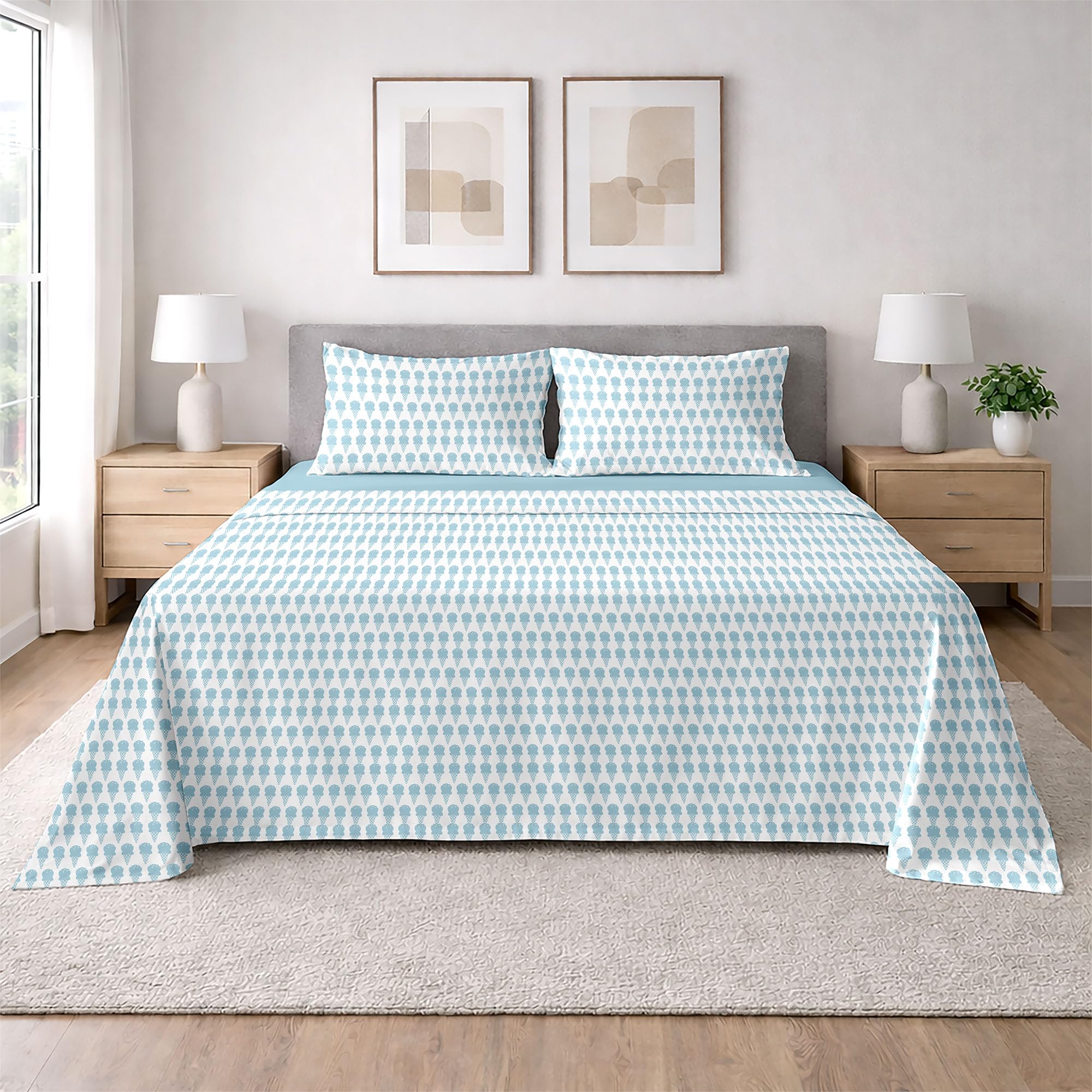 Ruggeri - Set Lenzuola Letto Matrimoniali 4 Pezzi in 100% Cotone di Alta Qualità, Lenzuolo con Angoli 170x200 cm, Lenzuolo Piatto 240x280 cm e 2 Federe 50x80 cm (Gelati Azzurri, Matrimoniale)