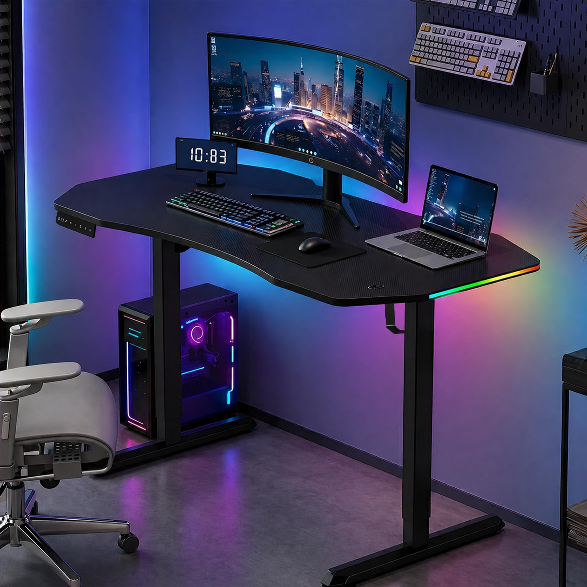 ARTIKEL Dagger Electric Height Adjustable Gaming Table for Home & Office with RGB Light| Cup Holder, Headset Hook, Cable Management |72-118cm|80kg Capacity - Black|3 yrs Warranty (Black, Dagger)
