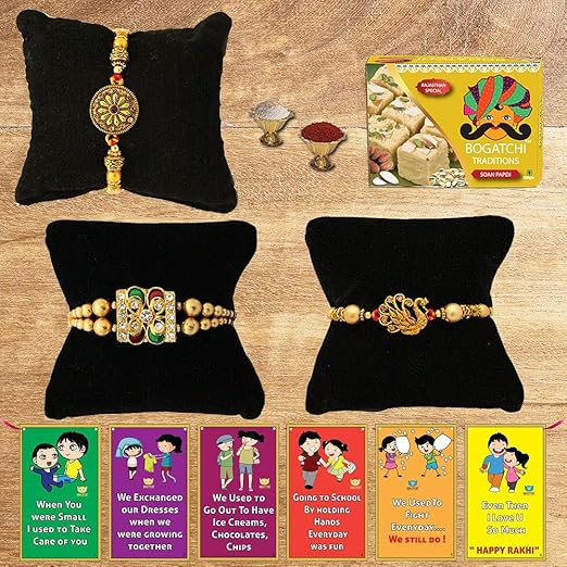 BOGATCHI Rakhi with Sweets Combo | Rakhi Gift for Brother | Rakhi for brother with gift sweets | Rakhi Gift Hamper|Soan Papdi, 250g + Rakhi Set of 3 +Roli Chawal + Free Rakhi Story Card-SP01