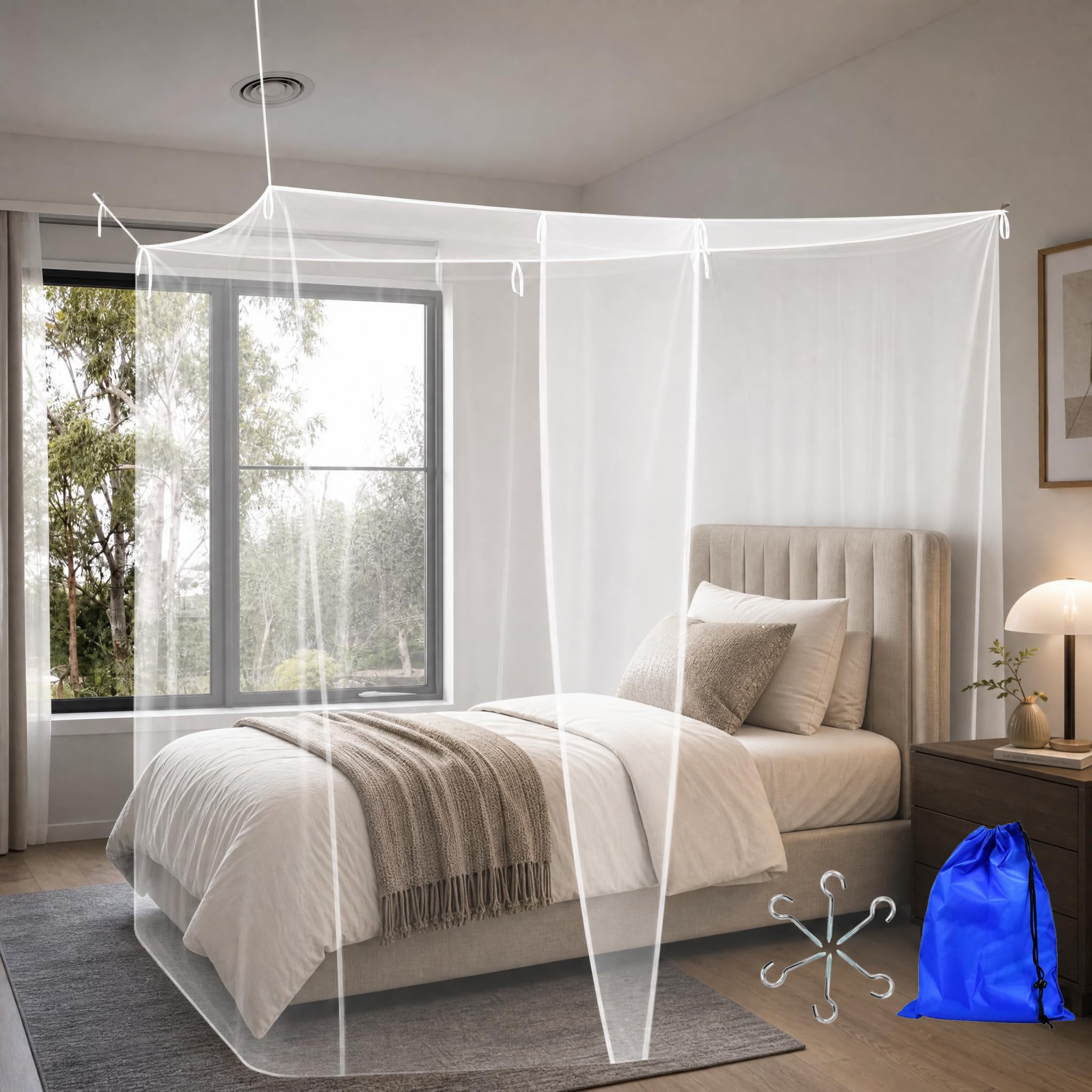 BUZIFU Zanzariera Letto Singolo Zanzariera Lettino da Campeggio con Kit Completo per la Sospensione Zanzariera Quadrata per Interni ed Esterni (200 * 100 * 190CM)