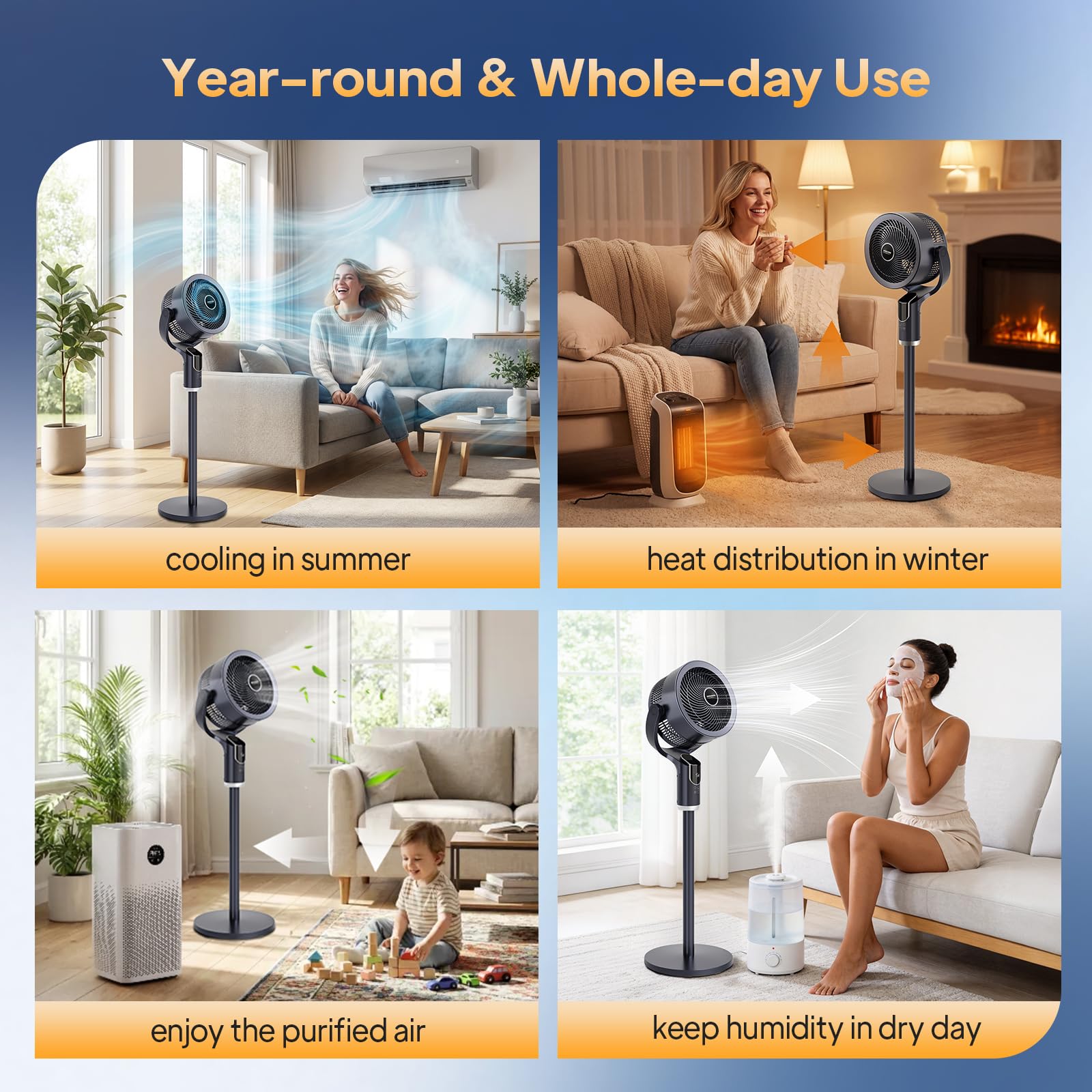 ROVSUN Ventilateur sur Pied Silencieux 3 en 1, Circulateur d’Air Puissant, 8 Vitesses, 3 Modes, Minuterie 9H, Télécommande + Écran Tactile, Oscillation 90° H / 90° V, Hauteur réglable 61-109 cm, Noir