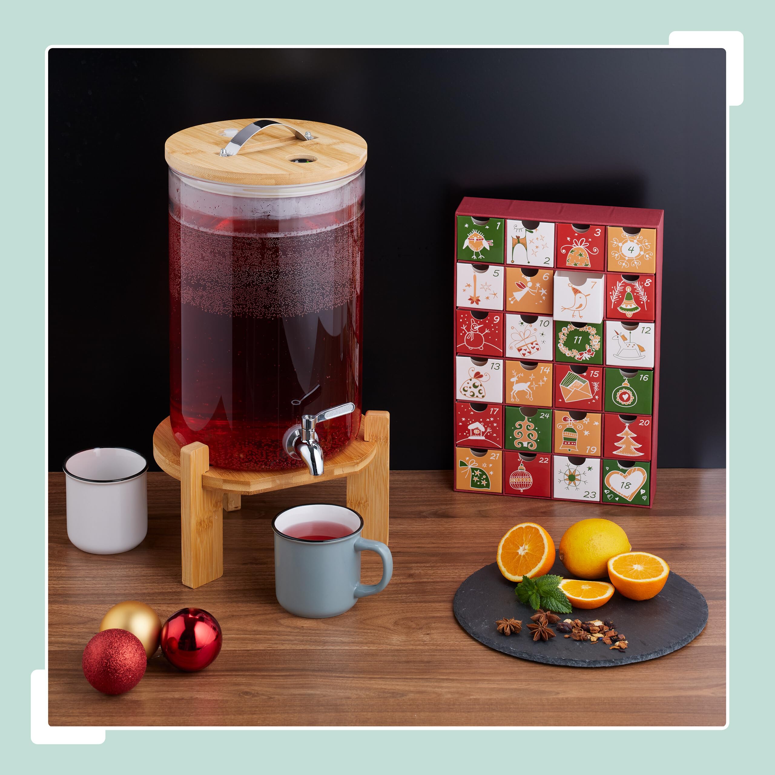 Relaxdays Dispenser in Vetro per Bevande Fredde e Calde, Erogatore Bibite da 5 L, con Rubinetto e Coperchio in bambù