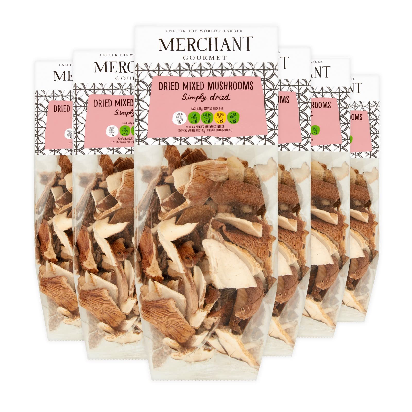 Merchant Gourmet Setas mezcladas secas – Paquete de 6 bolsas de 25 g (vegano)