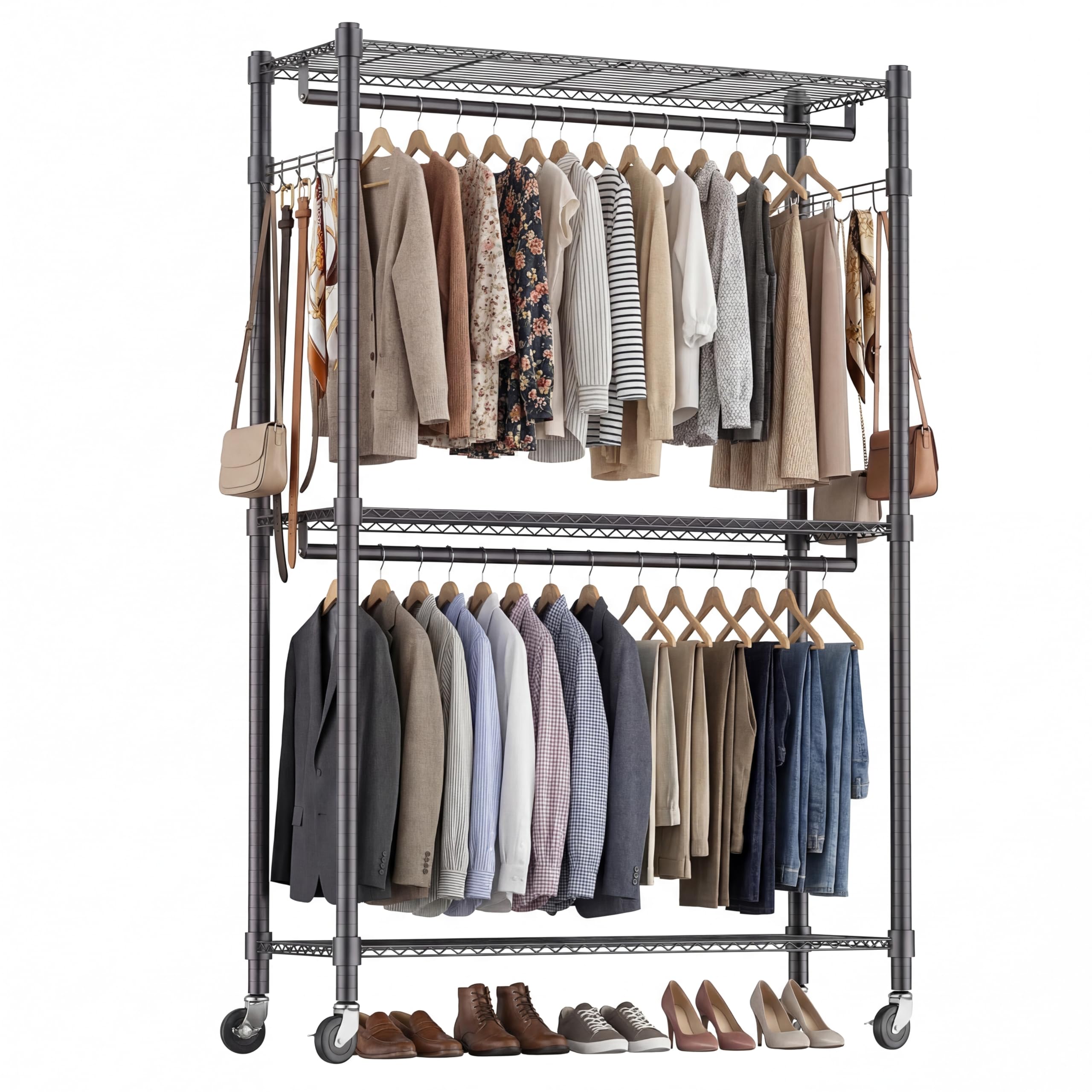 Himimi Double Rod Garment Rack/Clothes Rail with Height-Adjustable Shelves, Heavy Duty Clothes Rack with 2 Hooks, Clothes Rails with Wheels, 90 * 42 * 205cm, Black