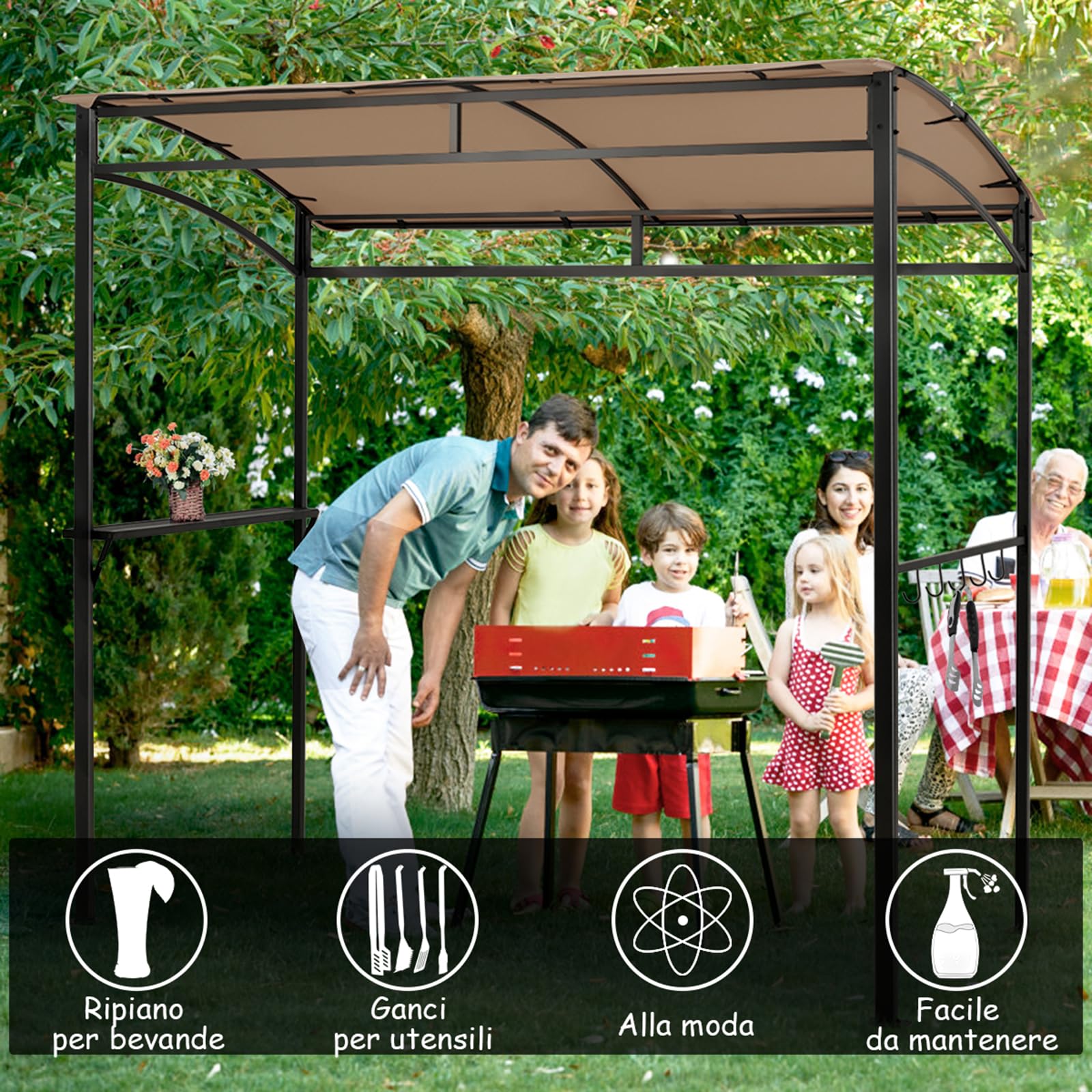 COSTWAY Gazebo per Barbecue 216x134x211 cm Pergola da Giardino con Ripiano e Ganci