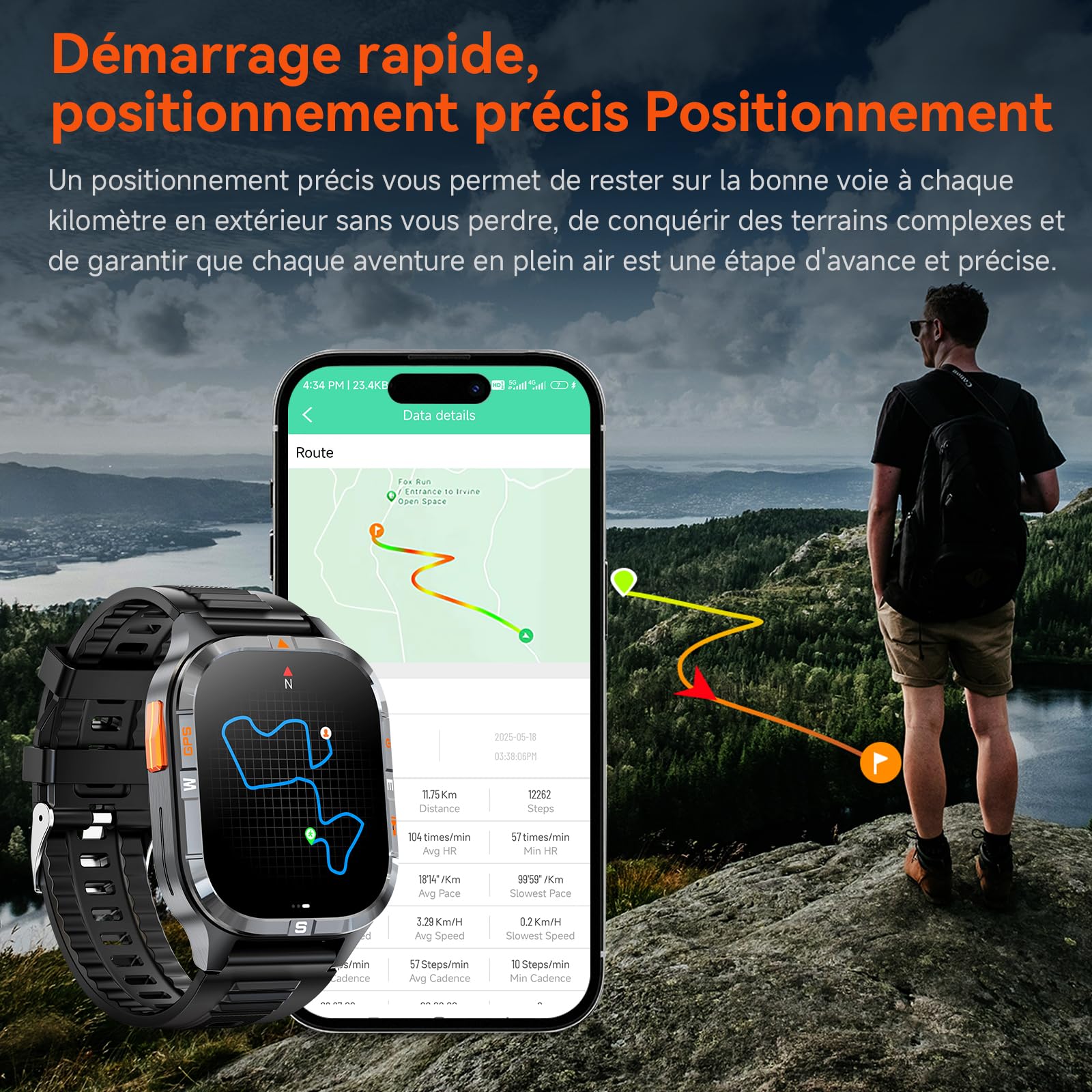 Montre intelligente GPS militaire pour hommes avec boussole/lampe de poche, montre intelligente à écran HD 2,01" avec assistant vocal/appel Bluetooth, pour Android et iOS, Montre Fitness de sport