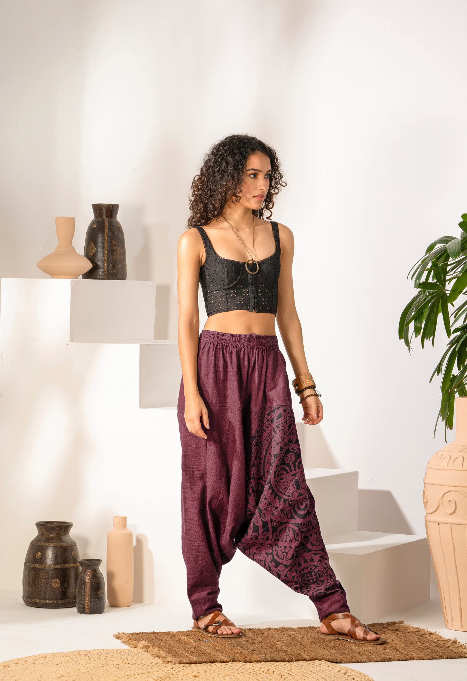 The Veshti Company Women's Hippie Style Drop Crotch Printed Baggy Boho Pants, Oversized Yoga Tribal Harem Pant for Women, Purple - Mythical Mana, M 1