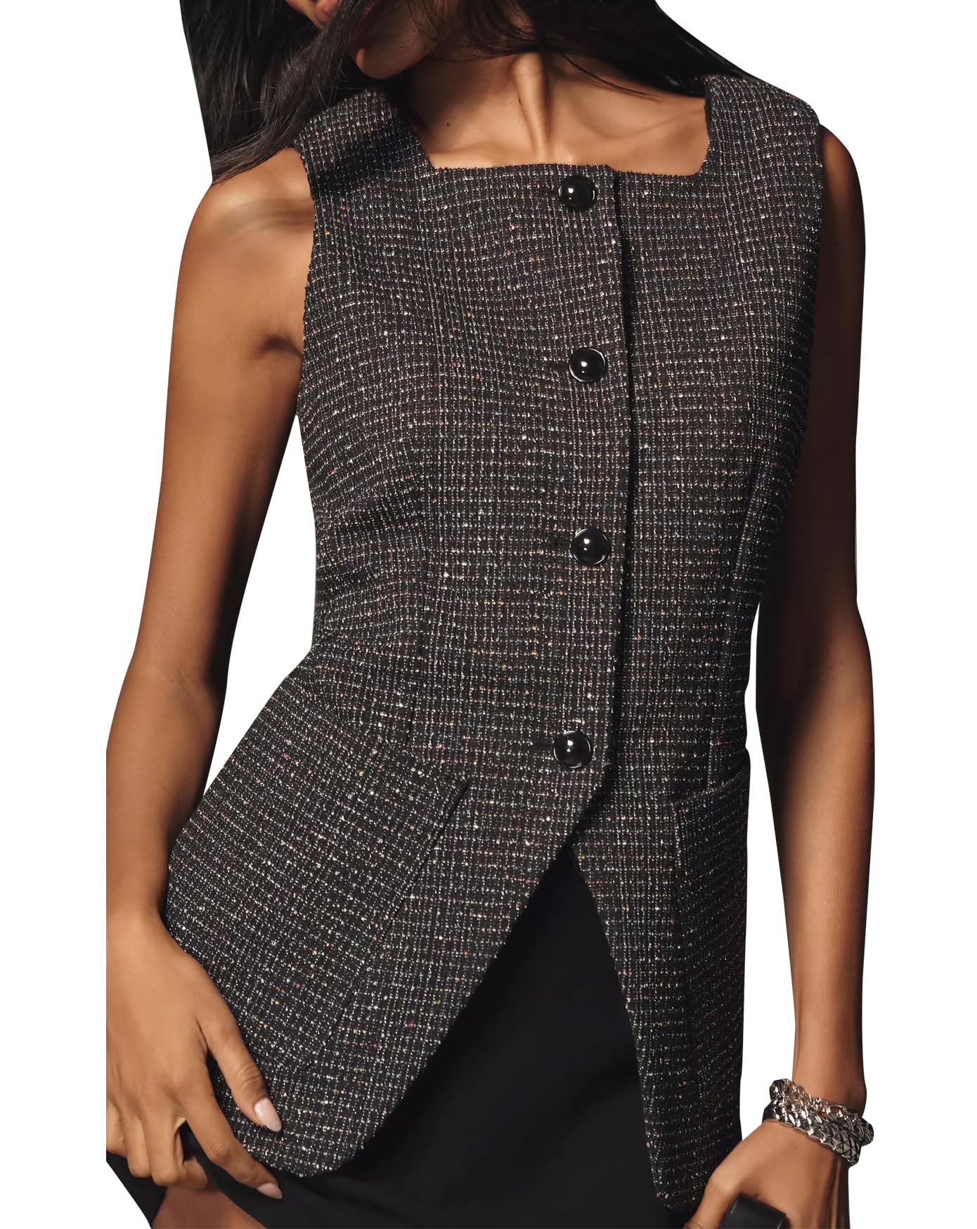 LifeShe Womens Square Neck Tweed Vests Slim Fit Tank Tops Dressy Business Waistcoat Blazer Jackets