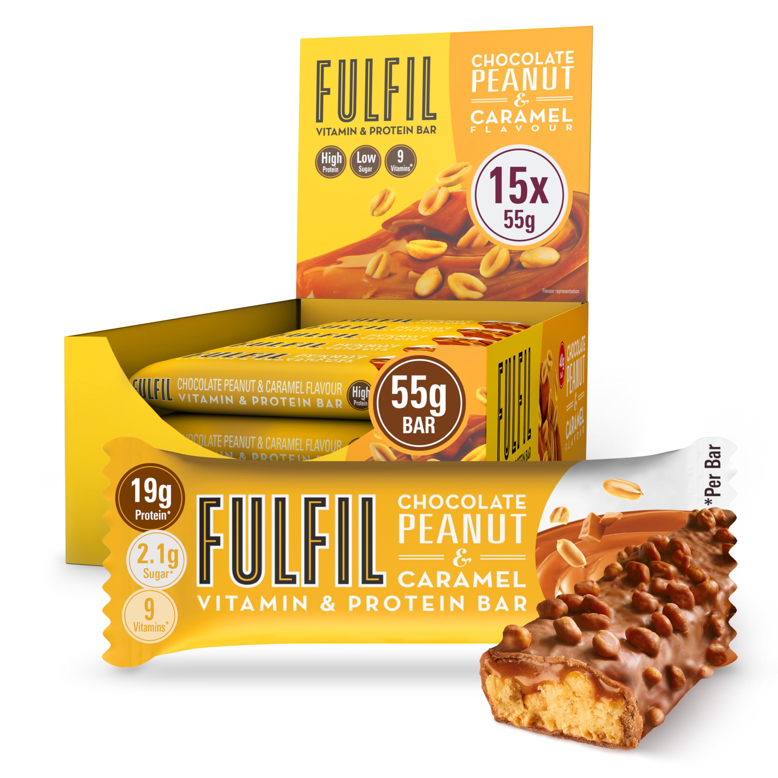 FULFIL Vitamin and Protein Bars (15 x 55 g Bars) - Chocolate Peanut & Caramel Flavour - 20 g High Protein, 9 Vitamins, Low Sugar