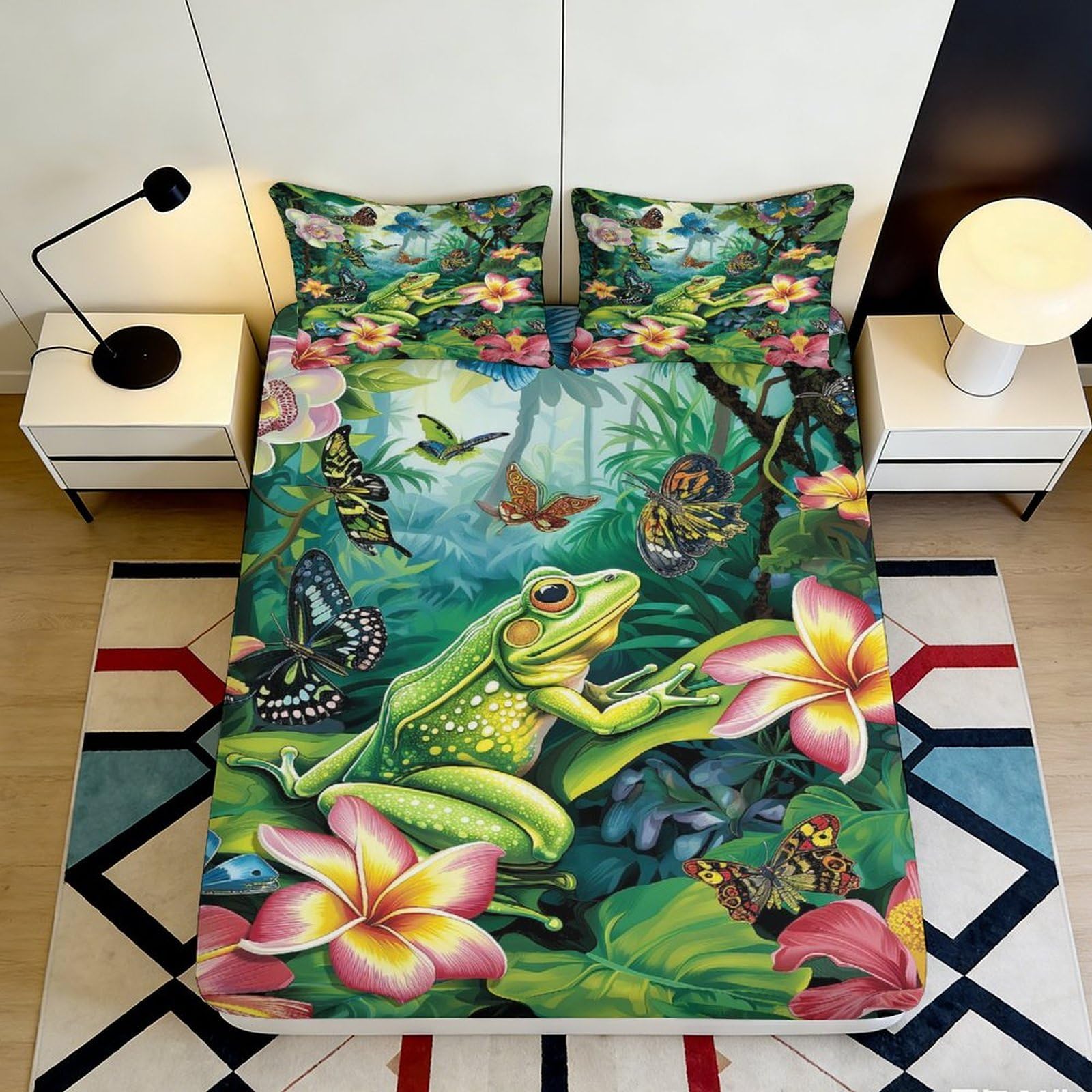 Jqzkxnhpbr Style-6 3D Printed Tropical Frog Fitted Sheet Microfiber Soft Green Jungle Floral Mattress Cover For Bedroom Guest Room Décor 90X200x25cm