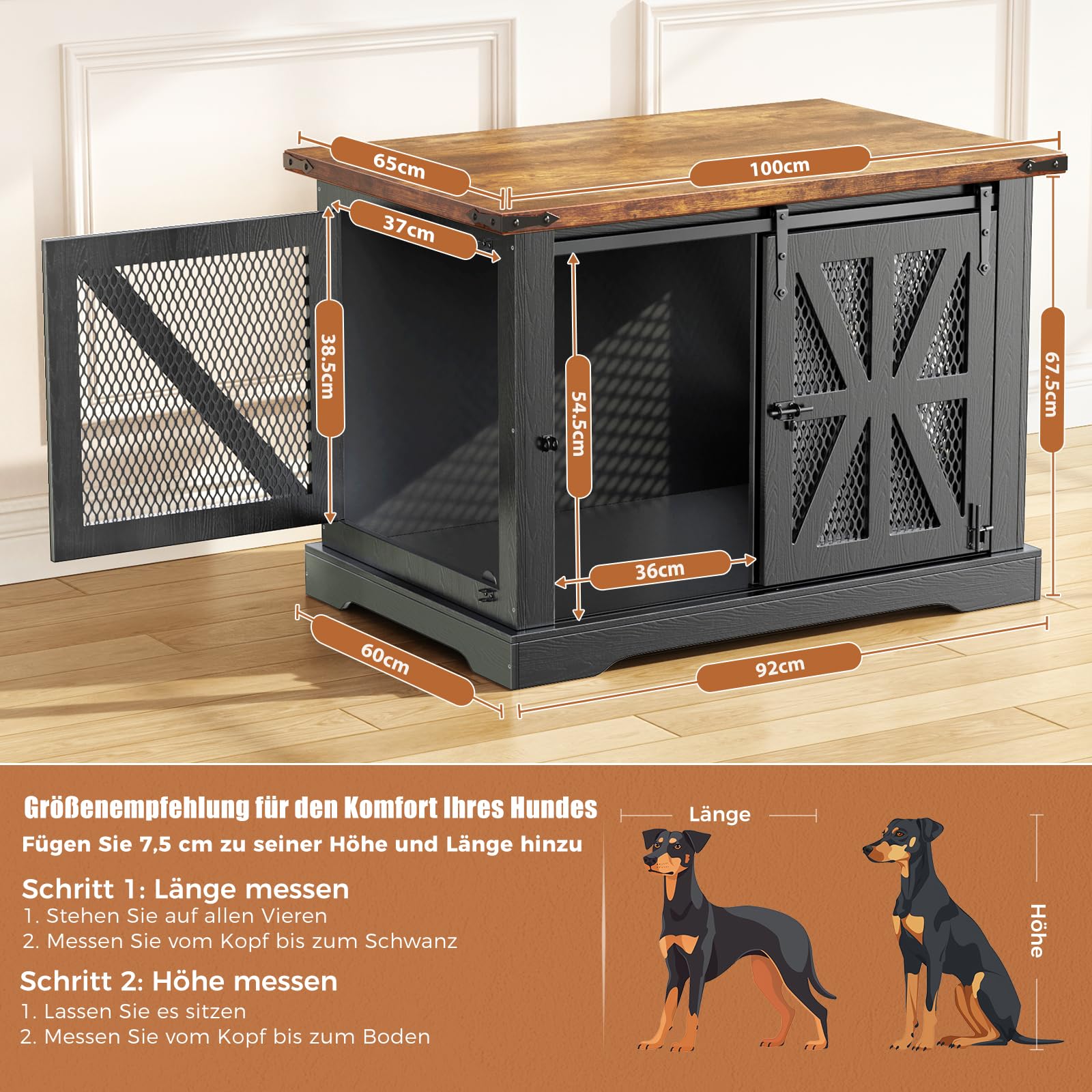 Hundekäfig Möbel, 100 cm Holzhundebox, Dreitüriger Hundekäfig, Schiebetüren, Modernes Hundezimmer für den Innenbereich, für Kleine und Mittelgroße Hunde, Verstärkte Konstruktion, 100x65x67cm, Schwarz