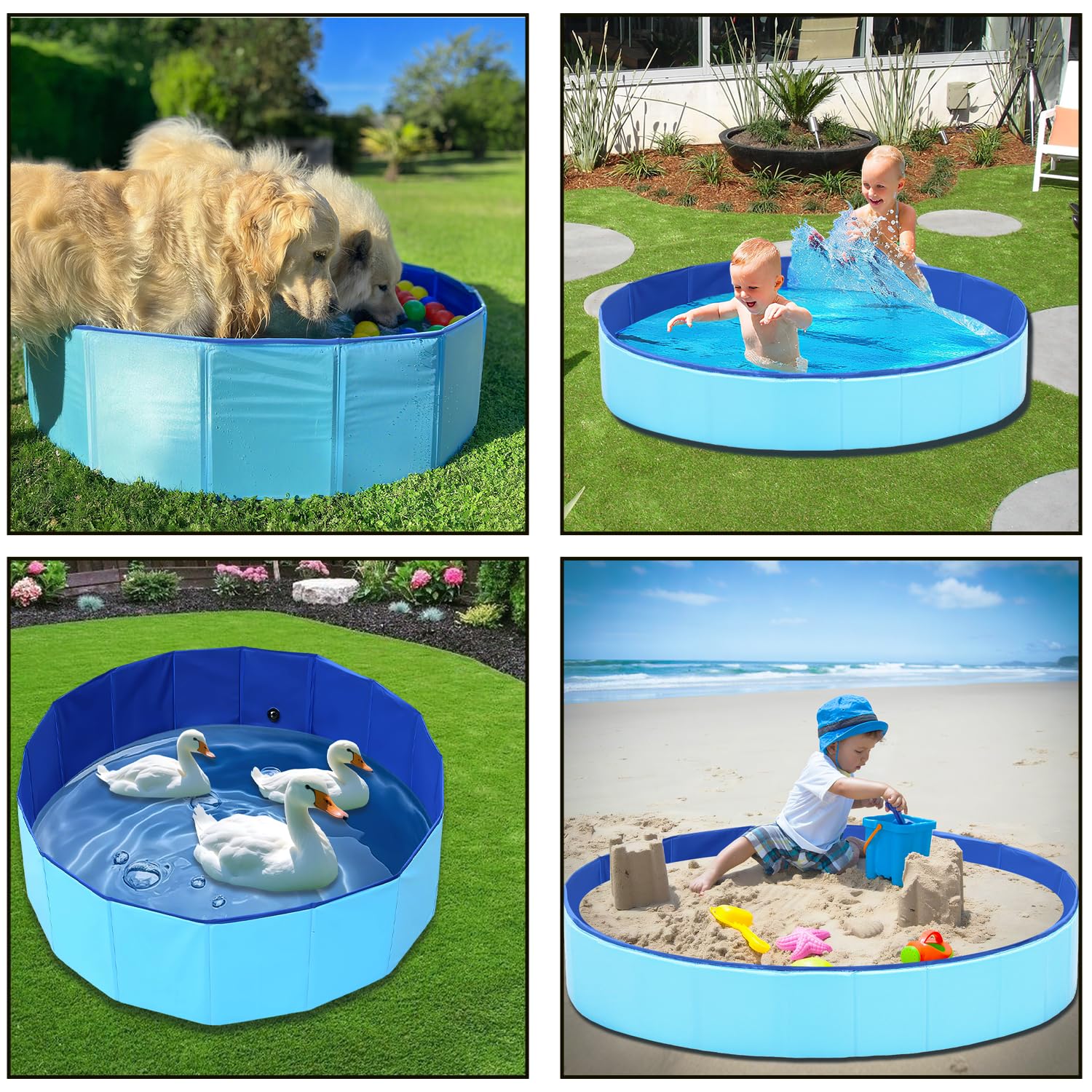 Piscina pieghevole per anatre, grande, con tappo di scarico, 89 x 30 cm, in PVC extra resistente, per anatre, cani, gatti, bambini, in plastica rigida blu, portatile, pieghevole, per uso interno ed