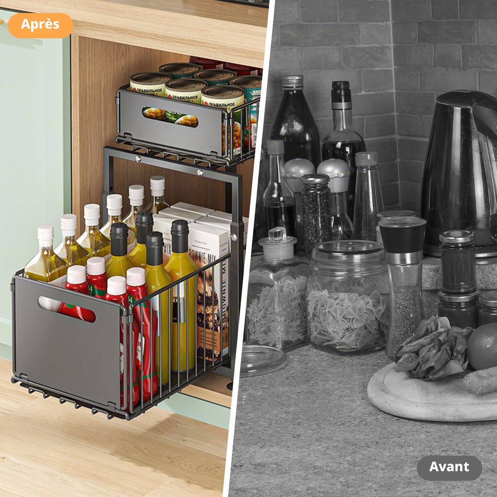 Rangement sous Évier en Métal à 2 Niveaux avec Tiroir de Rangement Coulissant Étagère sous Évier Organiseur pour Cuisine et Salle de Bain Acier au Carbone Hauteur Réglable, Organiseur Coulissant