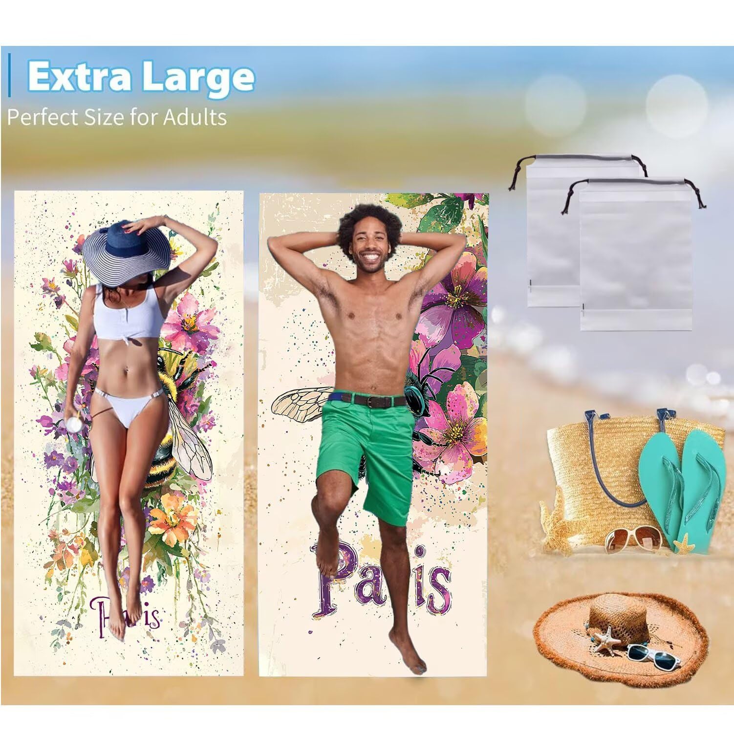 Ręcznik plażowy 90 x 200 cm, zestaw 2 dużych ręczników z mikrofibry szybkoschnący, chłonny, kompaktowy, ręcznik kąpielowy bez piasku lato koc plażowy damski do kąpieli prezent (kwiaty pszczół) H-739