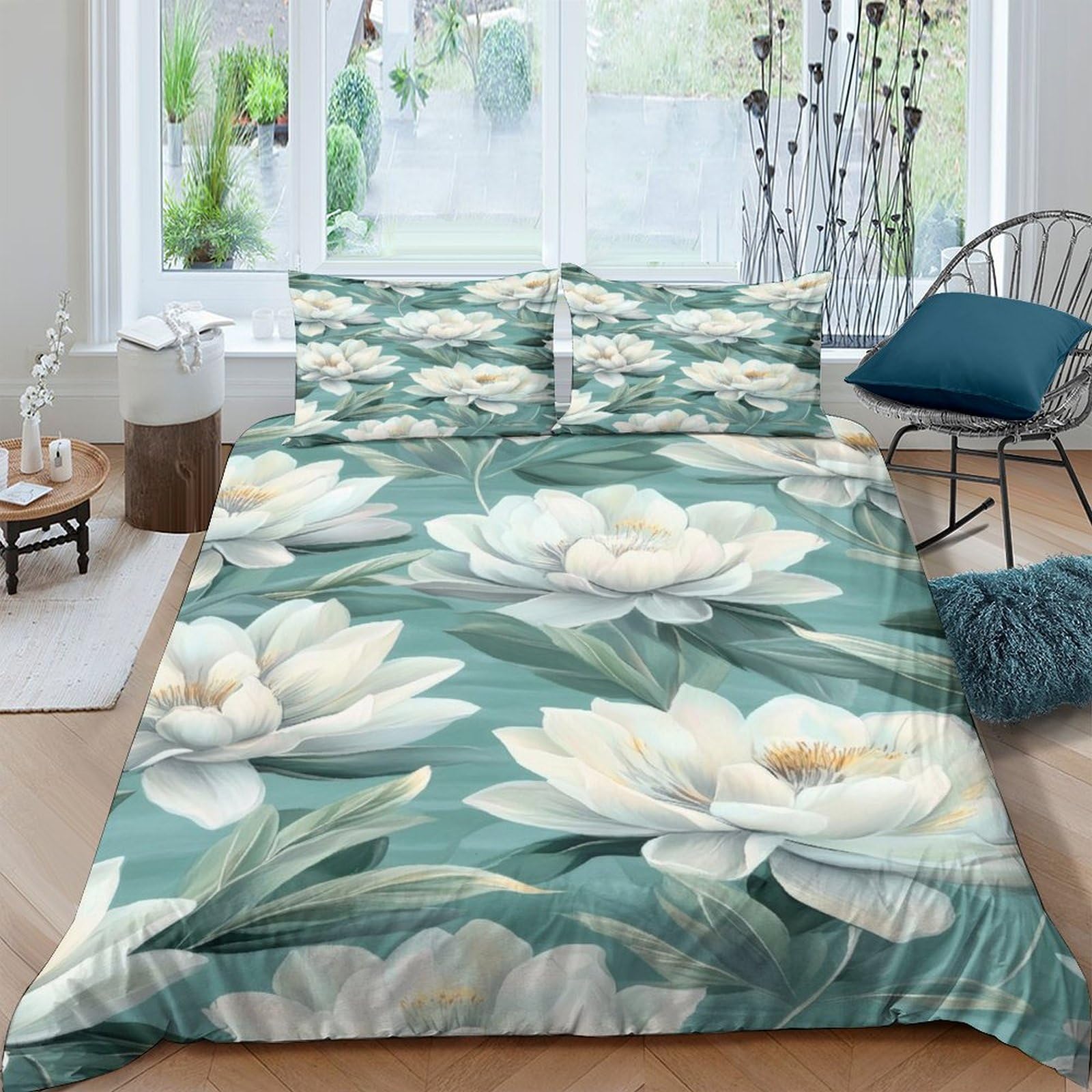 Ctjqhvkz Style-7 3D Printed White Lotus Fitted Sheet Microfiber Soft Green Water Lily Mattress Cover For Bedroom Dorm Decor Single（135X200cm）