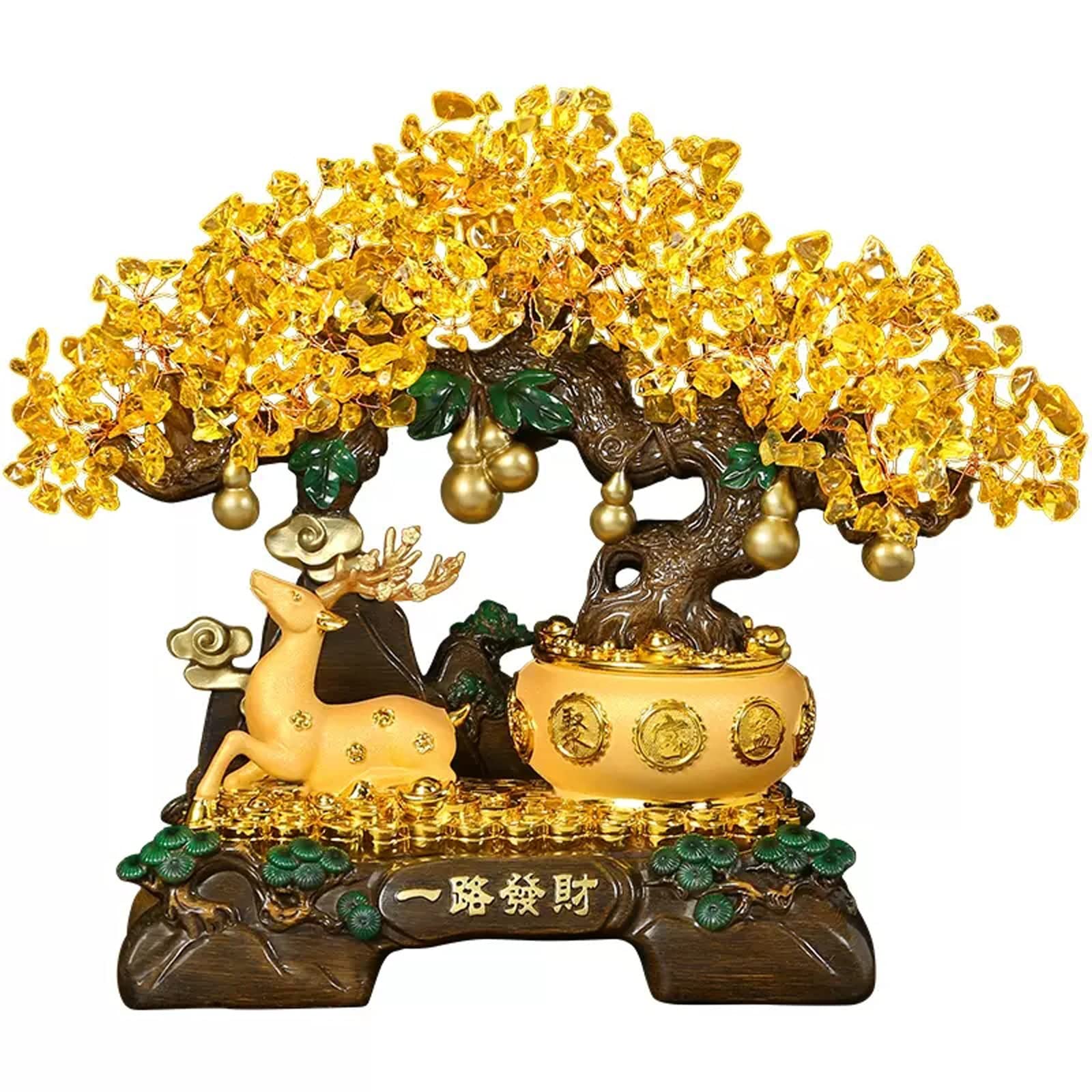 Money Tree Deer Feng Shui Crystal Fortune Money Tree Bonsai Decoration Ornament for Bringing Wealth, Luck, Prosperity, Success Crystal Tree(Medium)