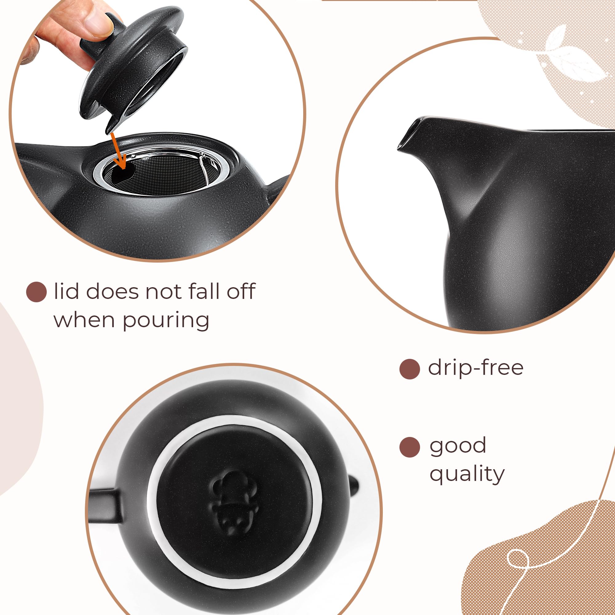Tetera con colador de cerámica – 1,2 l – Tetera de cerámica negra (antracita) – Teapot Pot Ceramic – Tetera de gres – Accesorios para té – Tetera para té suelto