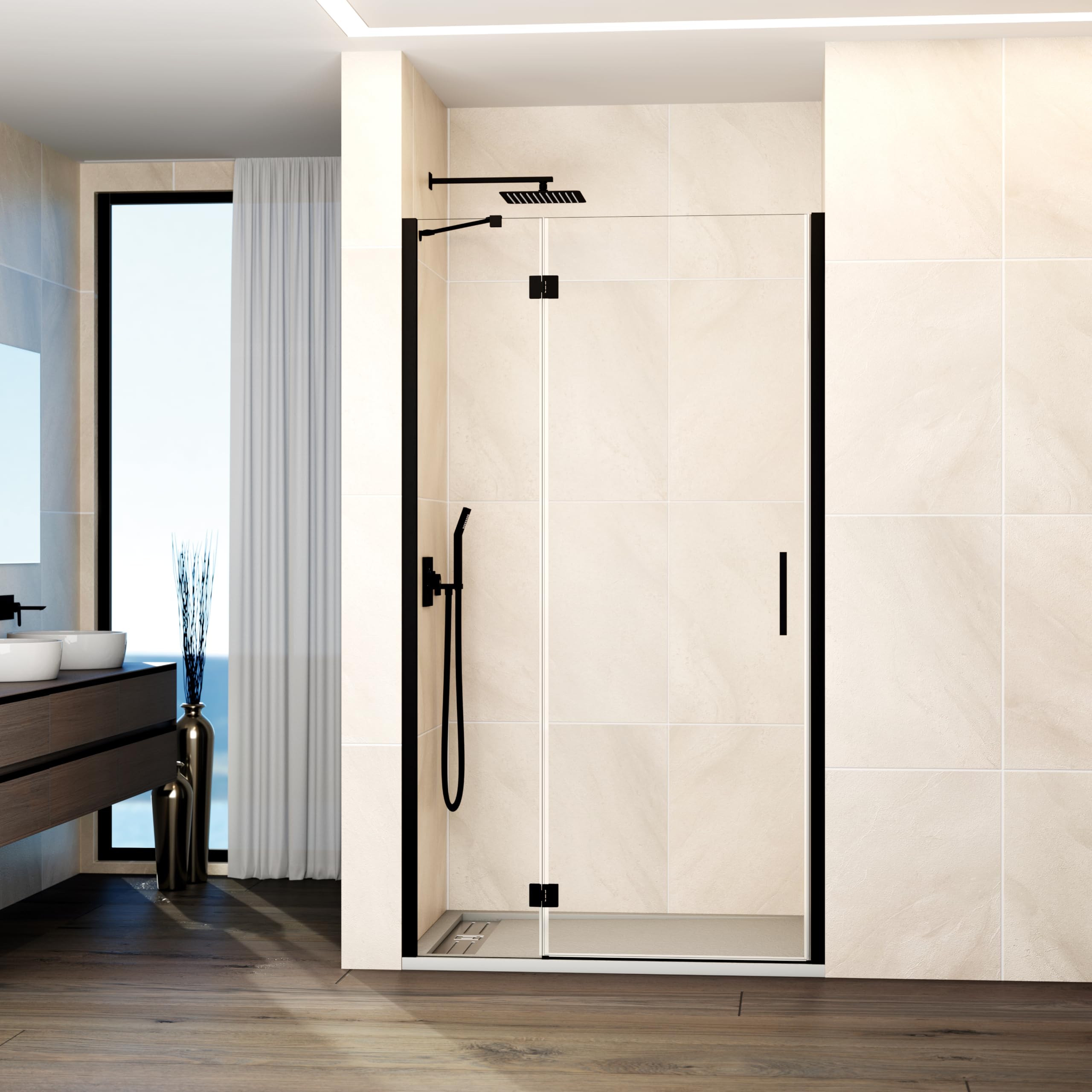 GME - Mampara Ducha Frontal 1 Puerta Fija + 1 Corredera 90cm Negra | Mampara de Cristal con Perfilería de Aluminio y 195cm de Altura | Cristal Templado 6mm Antical Y Cierre Magnético