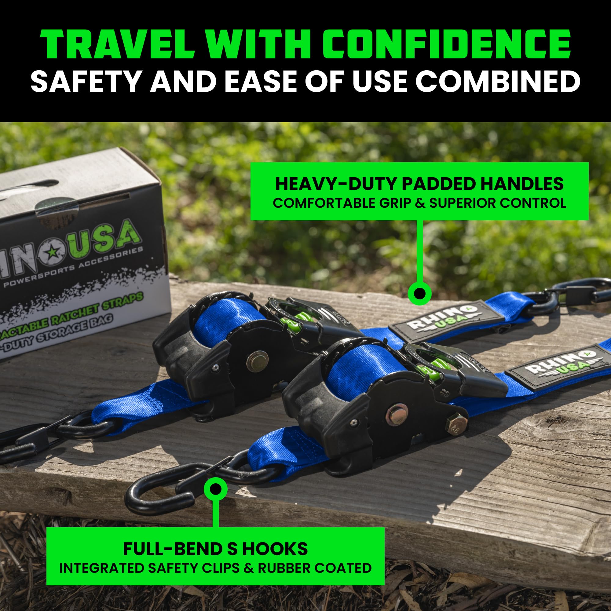 Rhino USA Retractable Ratchet Straps (4-Pack), 2.5cm x 3m (540kg Break Strength) - Image 3