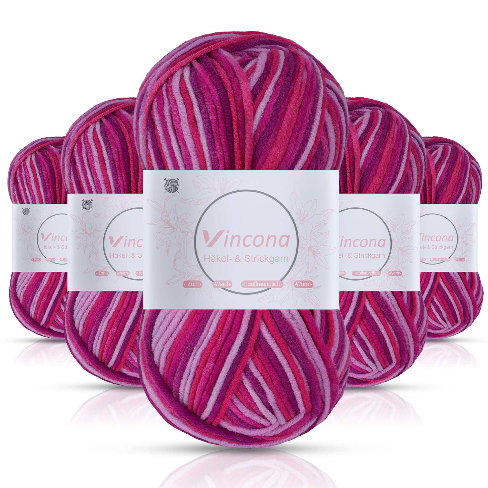 Vincona Häkelgarn，5x50 g Wolle zum Häkeln，Bunt Farbverlauf Acrylgarn zum Häkeln，Wolle zum Häkeln und Stricken, Handstrickgarnsets Geeignet zum Stricken von Puppen, Pullovern, Schals, Mützen