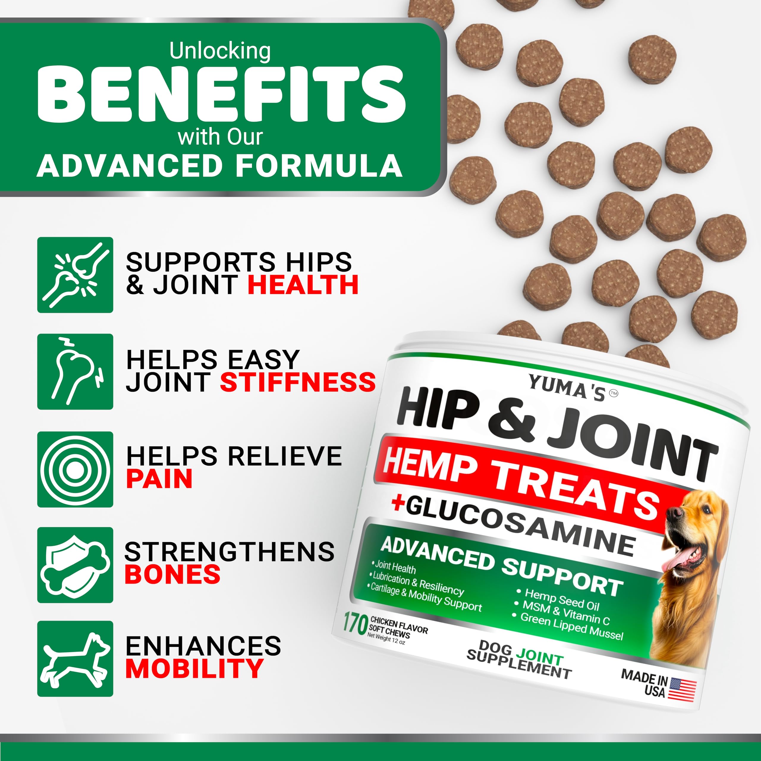 YUMA'S Hemp Hip and Joint Supplement for Dogs - Glucosamine for Dogs - 170 Joint Pain Relief Chews - Chondroitin, MSM - Hemp Oil - Advanced Canine Health Supplement - Mobility Support Treats - image 2