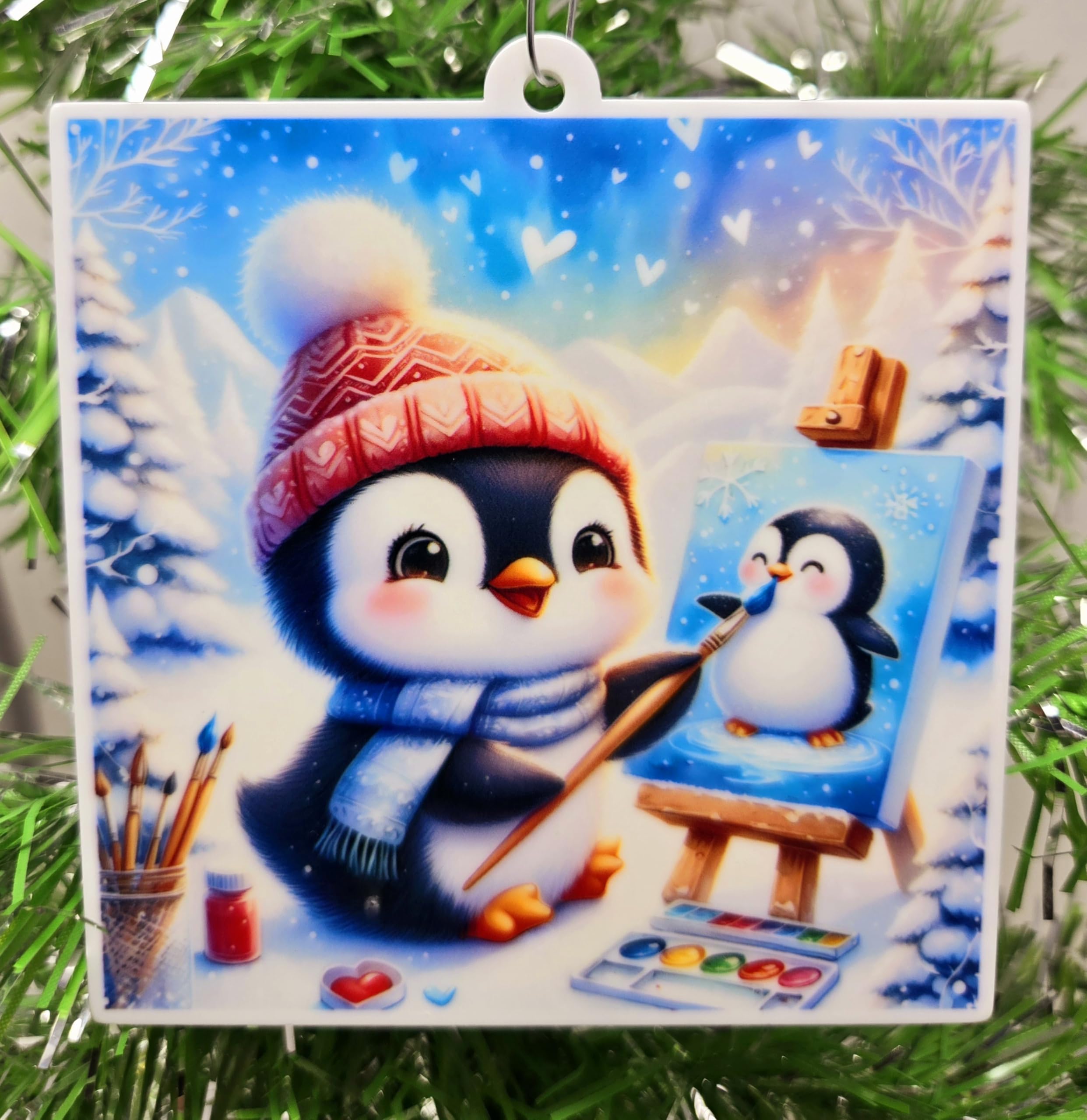 Pingouin peintre de Noël : ornement décoratif en bois pour sapin créatif