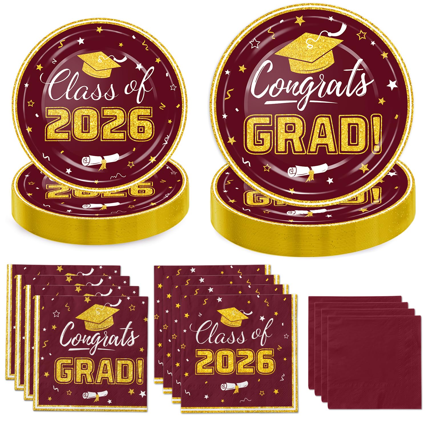 Graduation Party Plates and Napkins 2026 Congrats Grad Disposable Paper Plates Decorative Napkins Cocktail Napkins for Maroon and Gold Graduation