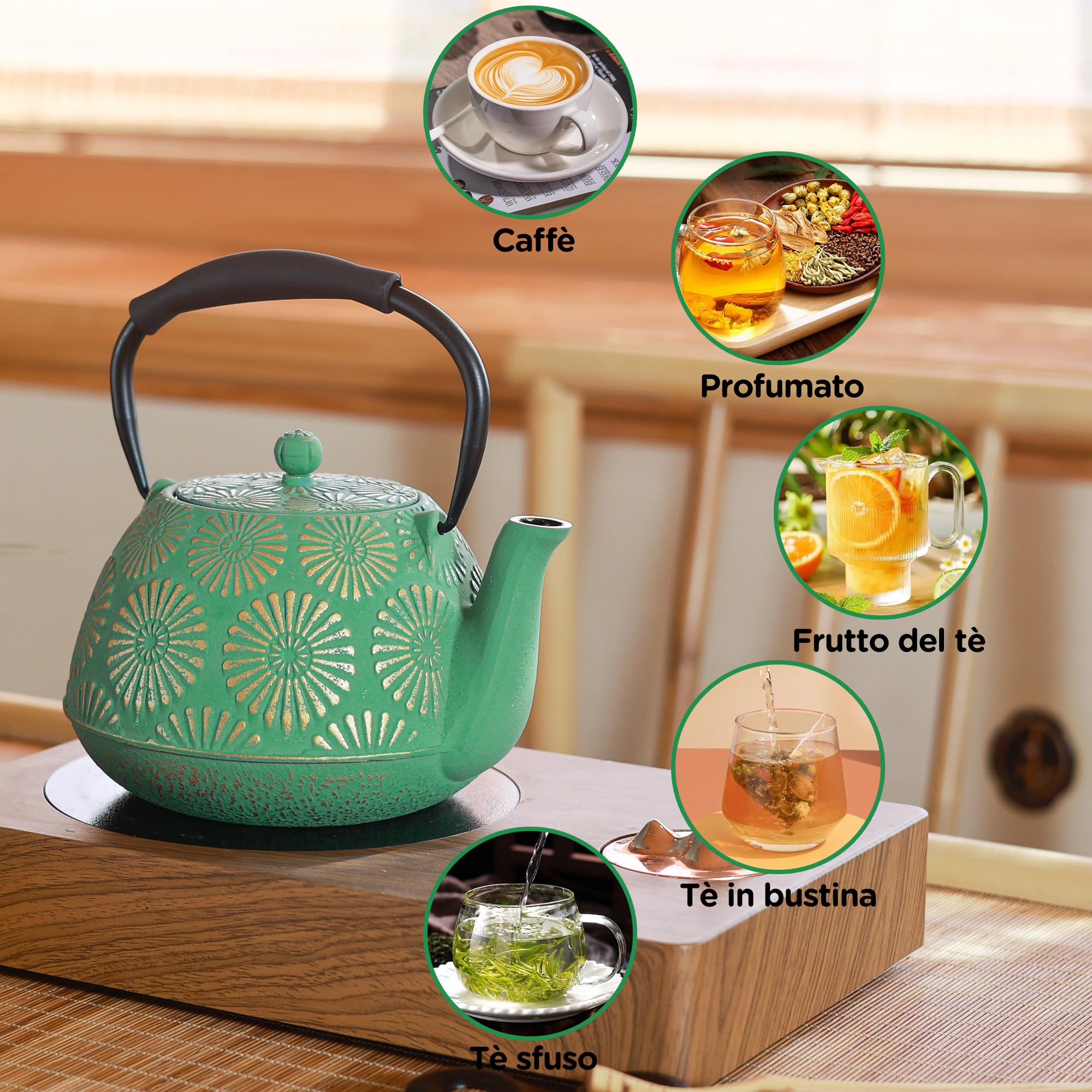 Teiera in ghisa, grande capacità da 1200 ml con infusore per cucina, design giapponese sakura per tè in foglie con interno smaltato, manico in silicone 1200 ml Verde